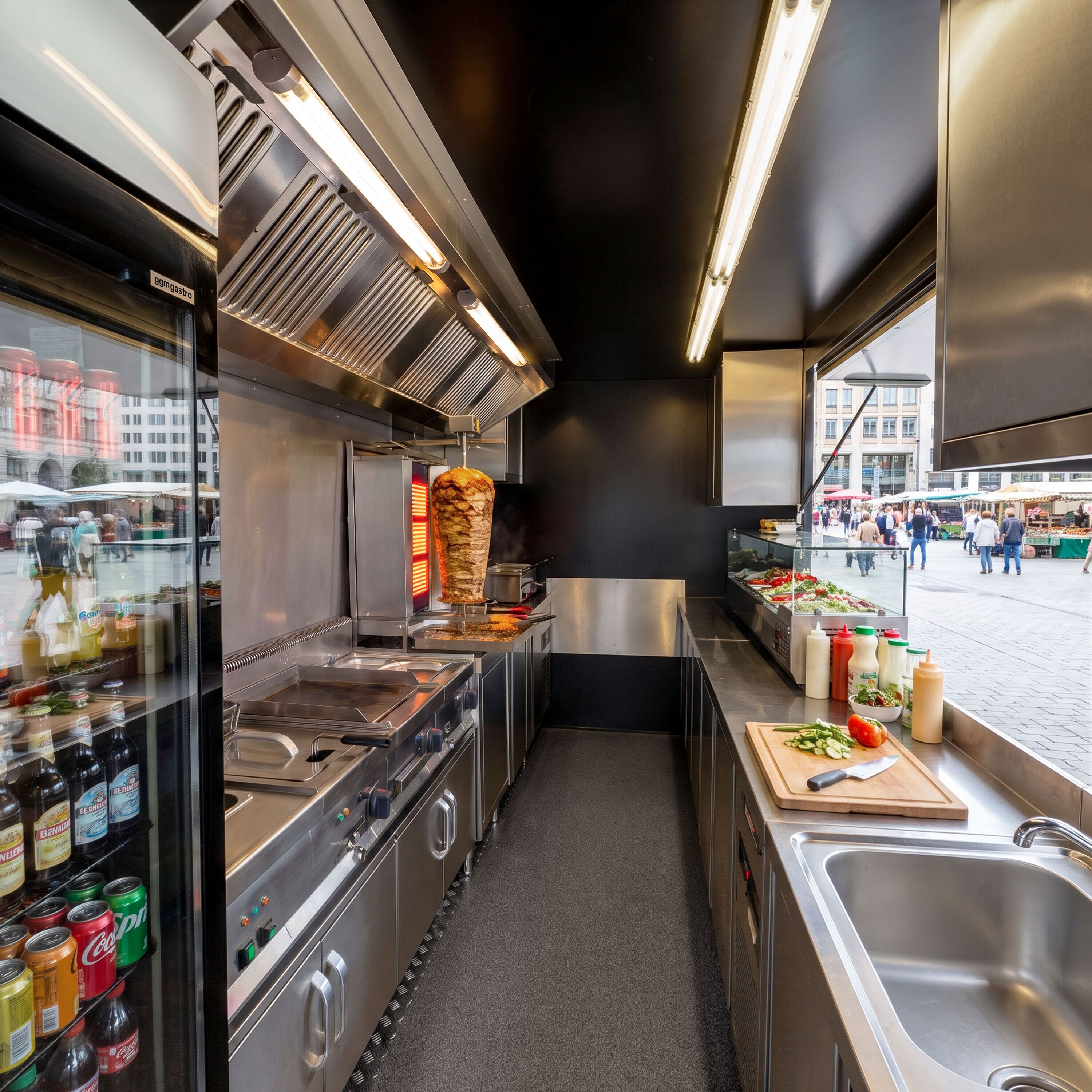 Food-Verkaufsanhänger - 5,7m - mit Grundausstattung & Kochgeräte