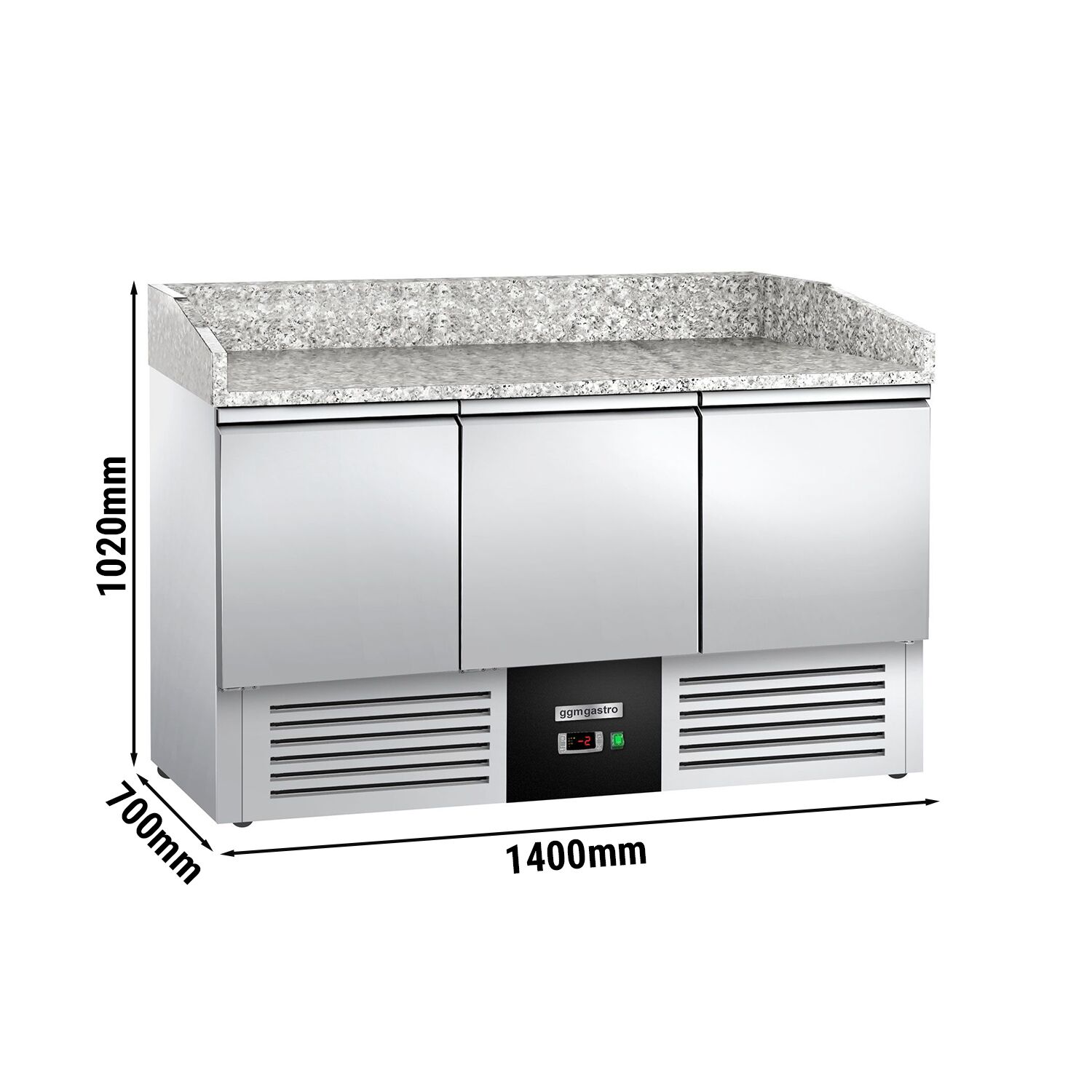 Banco pizza refrigerato PREMIUM - 1400x700mm - con 3 porte - piano in granito