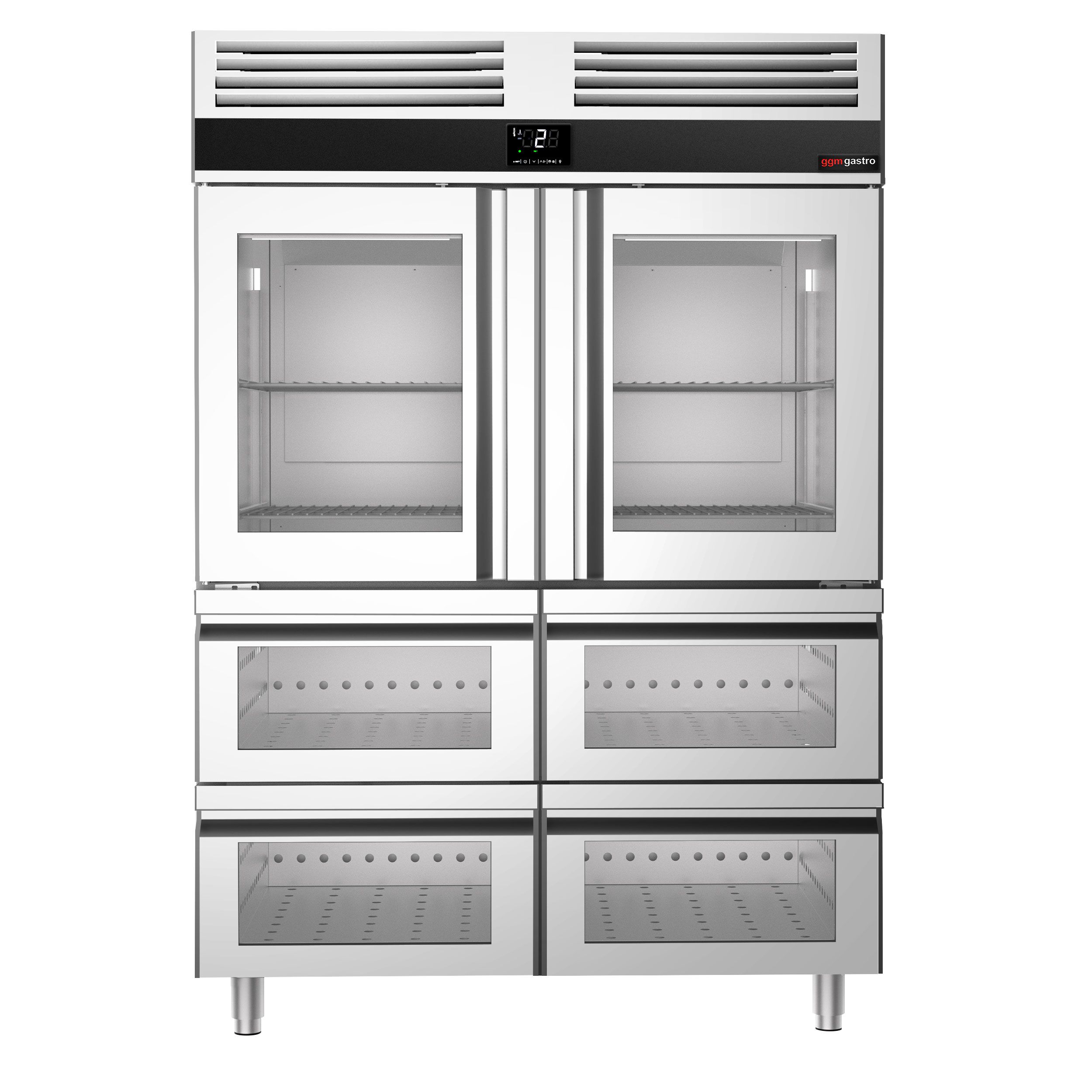 Armoire réfrigérée positive en acier inoxydable PREMIUM - GN 2/1 - 1400 L - avec 2 portes vitrées & 6 glissières & 6 grilles GN 2/1