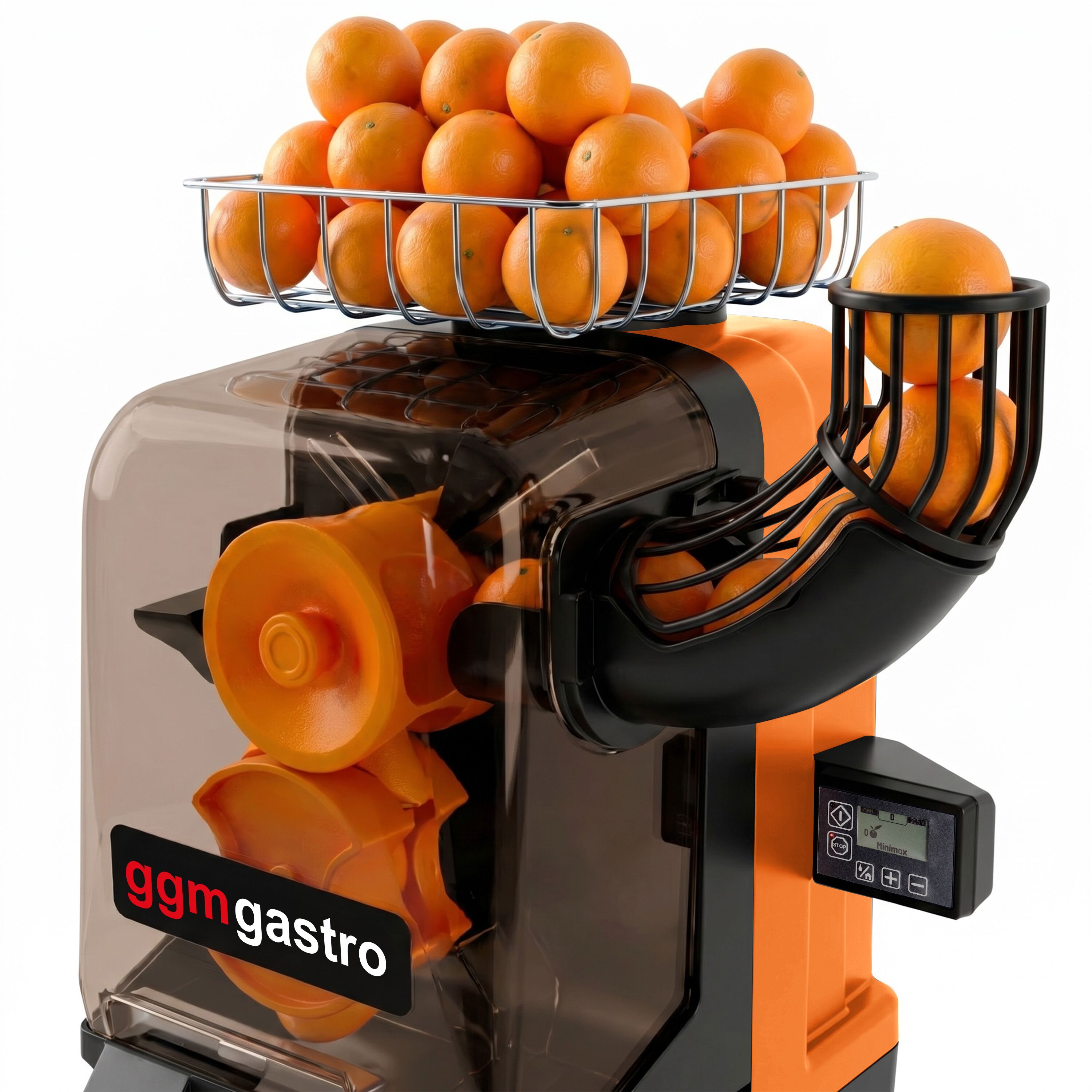 Presse-agrumes automatique professionnel - 550W - 61kg - avec dispositif d’alimentation automatique, nettoyage assisté, compteur numérique - Orange