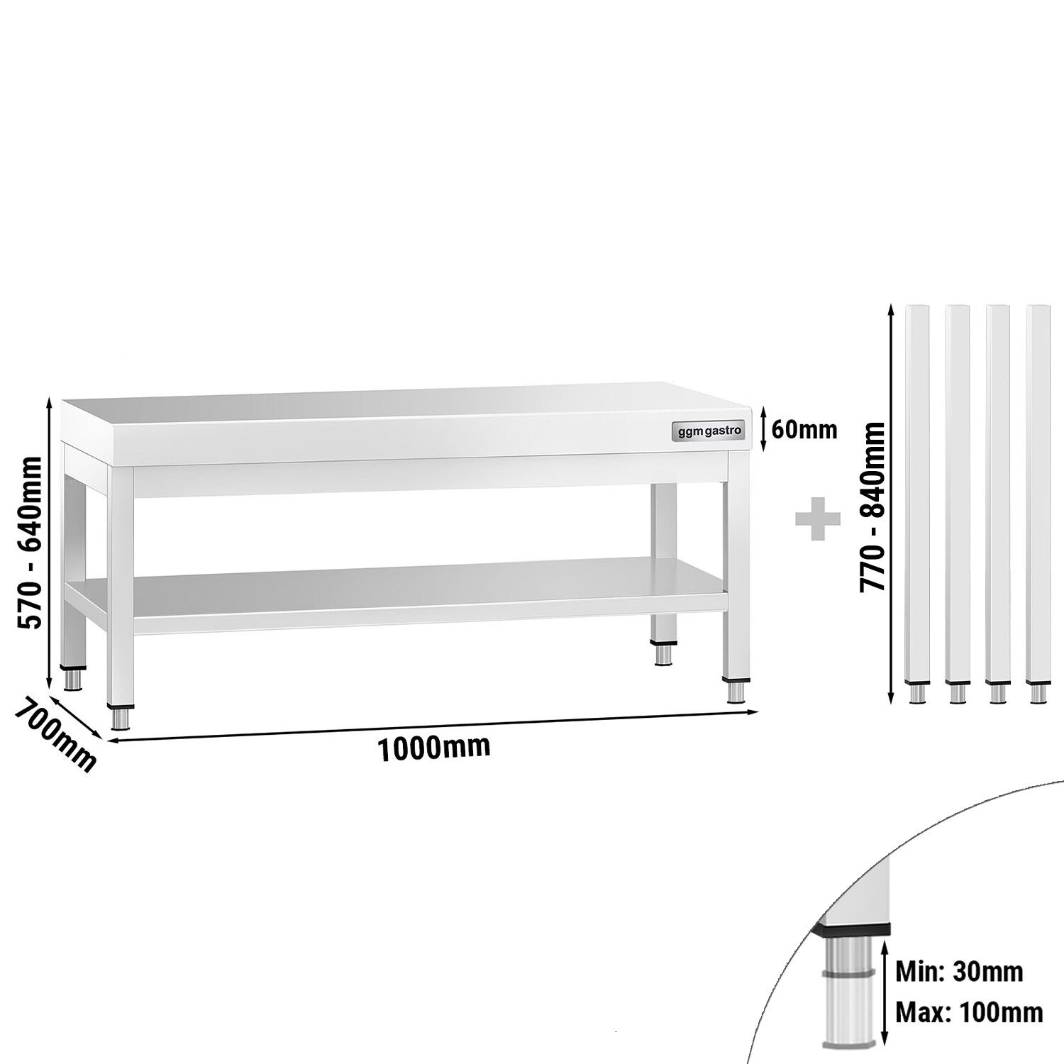 Table de travail en acier inoxydable PREMIUM - 1000x700mm - avec étagère basse