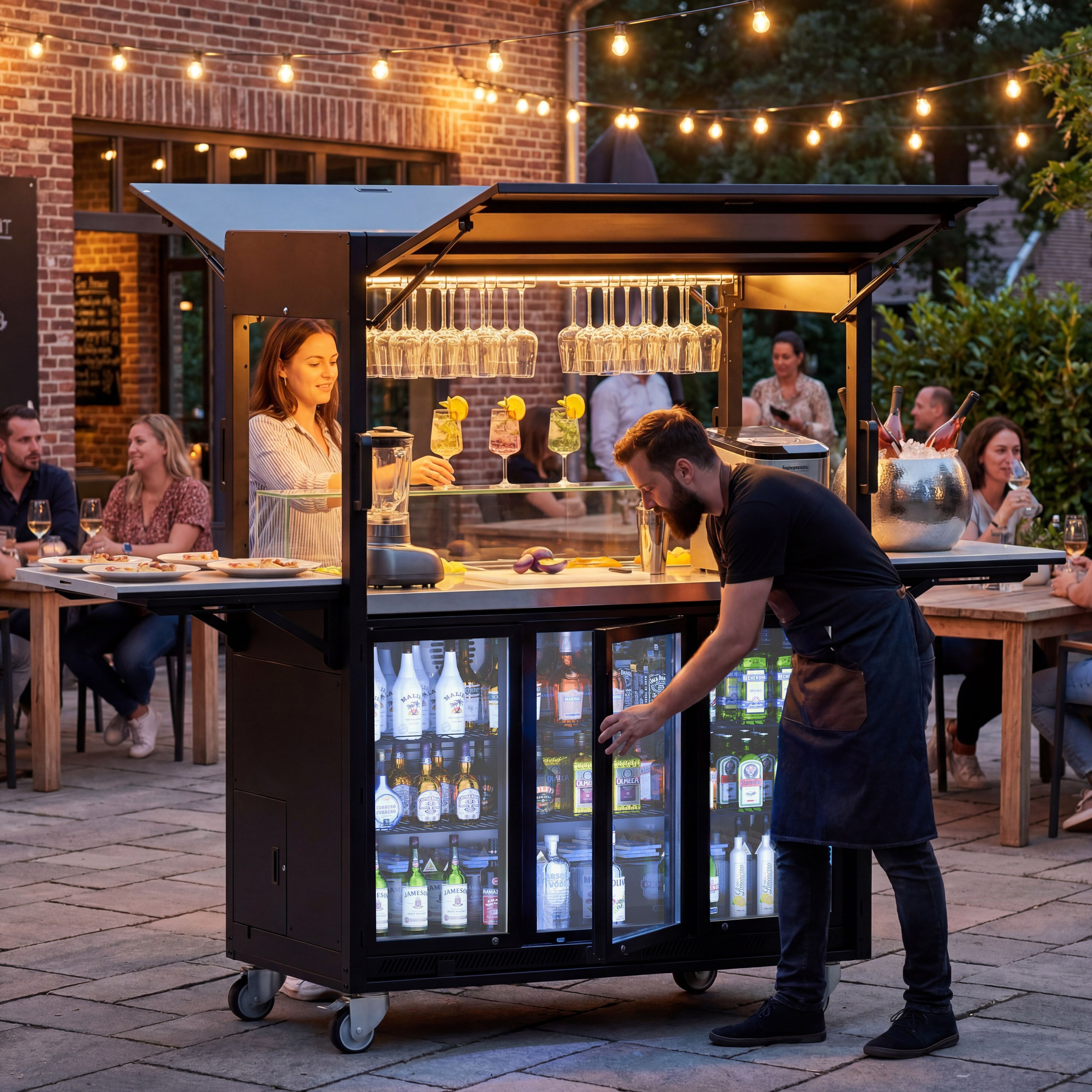 Station de cocktail mobile – avec réfrigérateur de bar, plan de travail, porte-verres et éclairage LED – rabattable