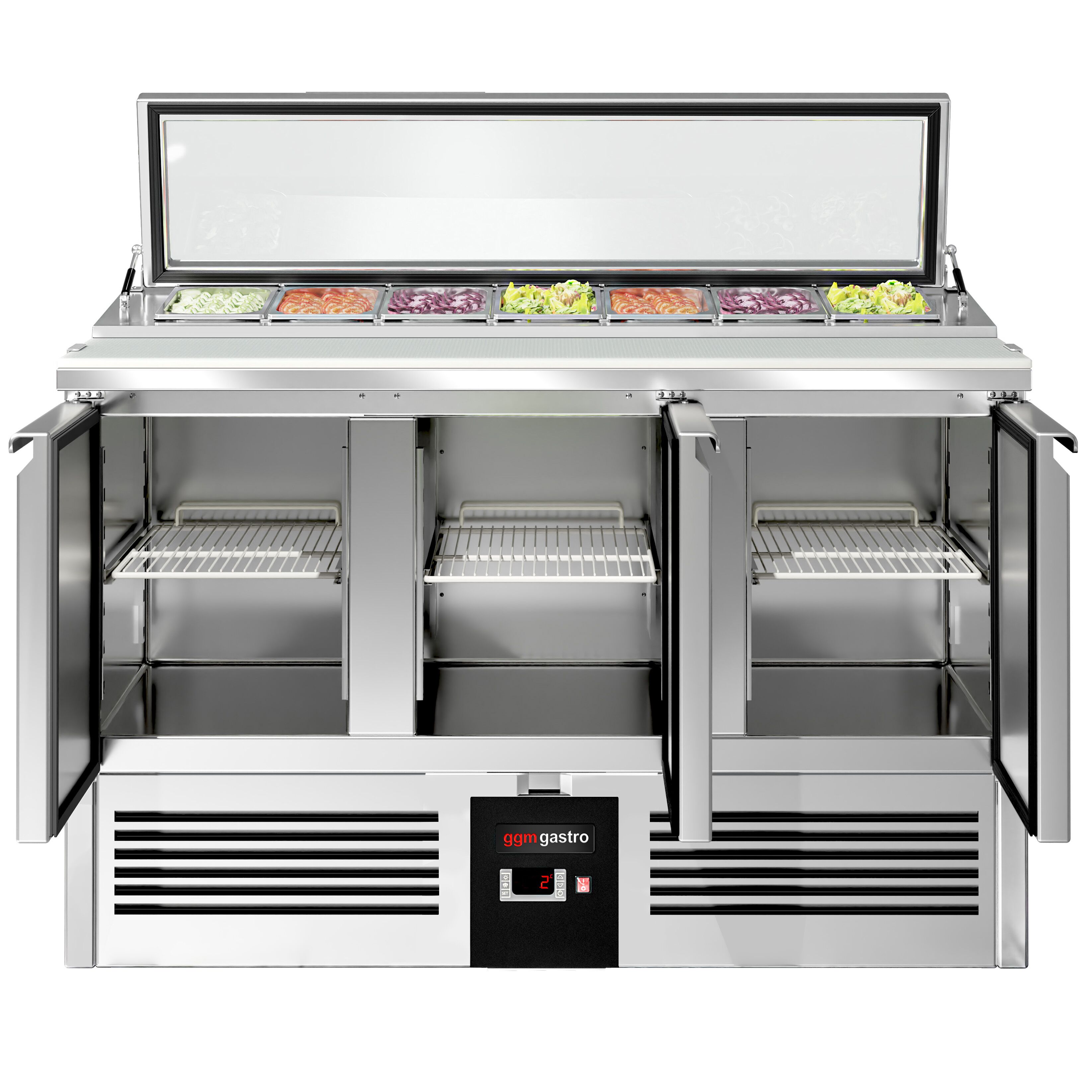 Saladette réfrigérée PREMIUM - 1365mm - 248L - 3 portes - avec découpe pour 7x GN 1/3 & Couvercle verre