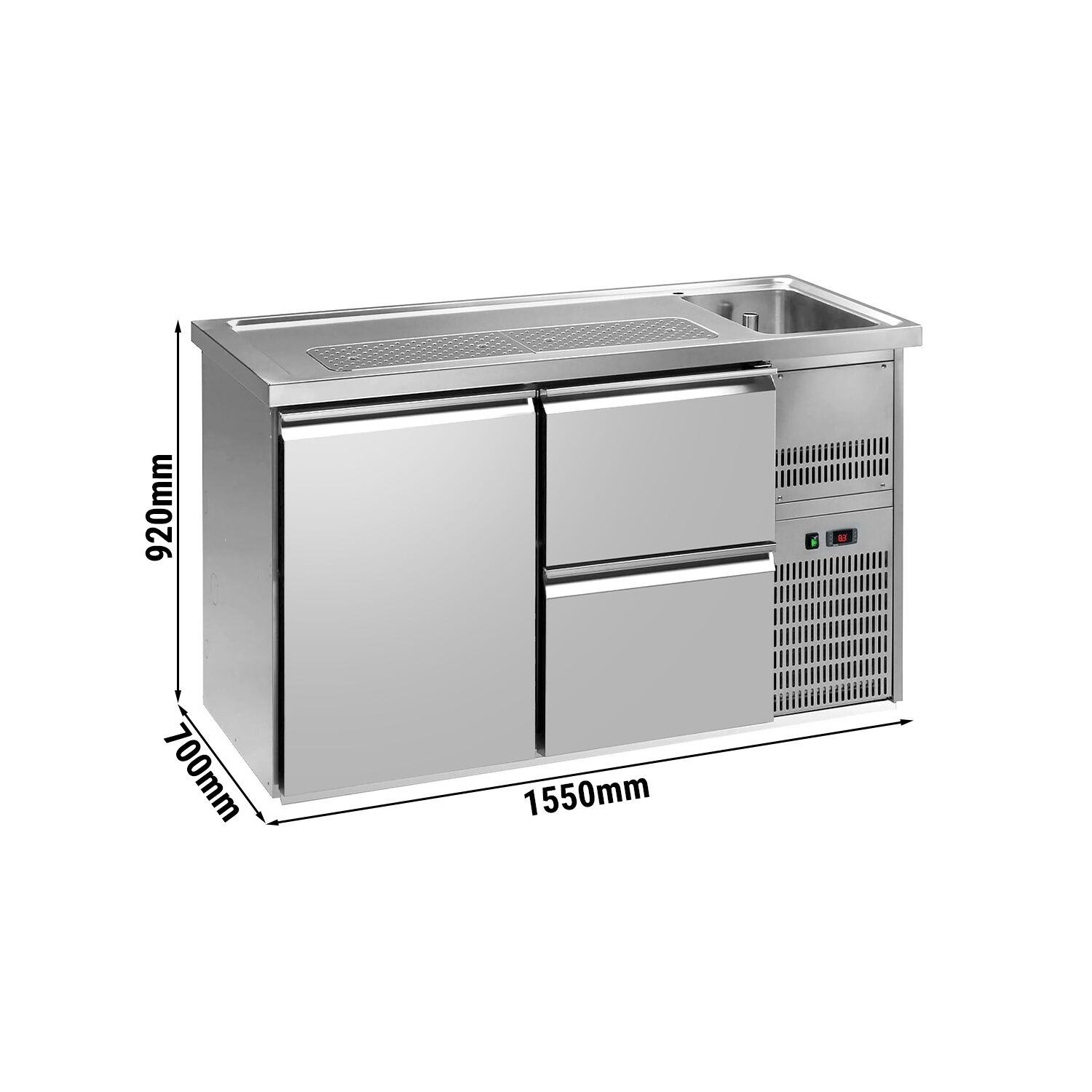 Comptoir de bar réfrigéré Premium PLUS – 1550 × 700 mm – 1 porte & 2 tiroirs
