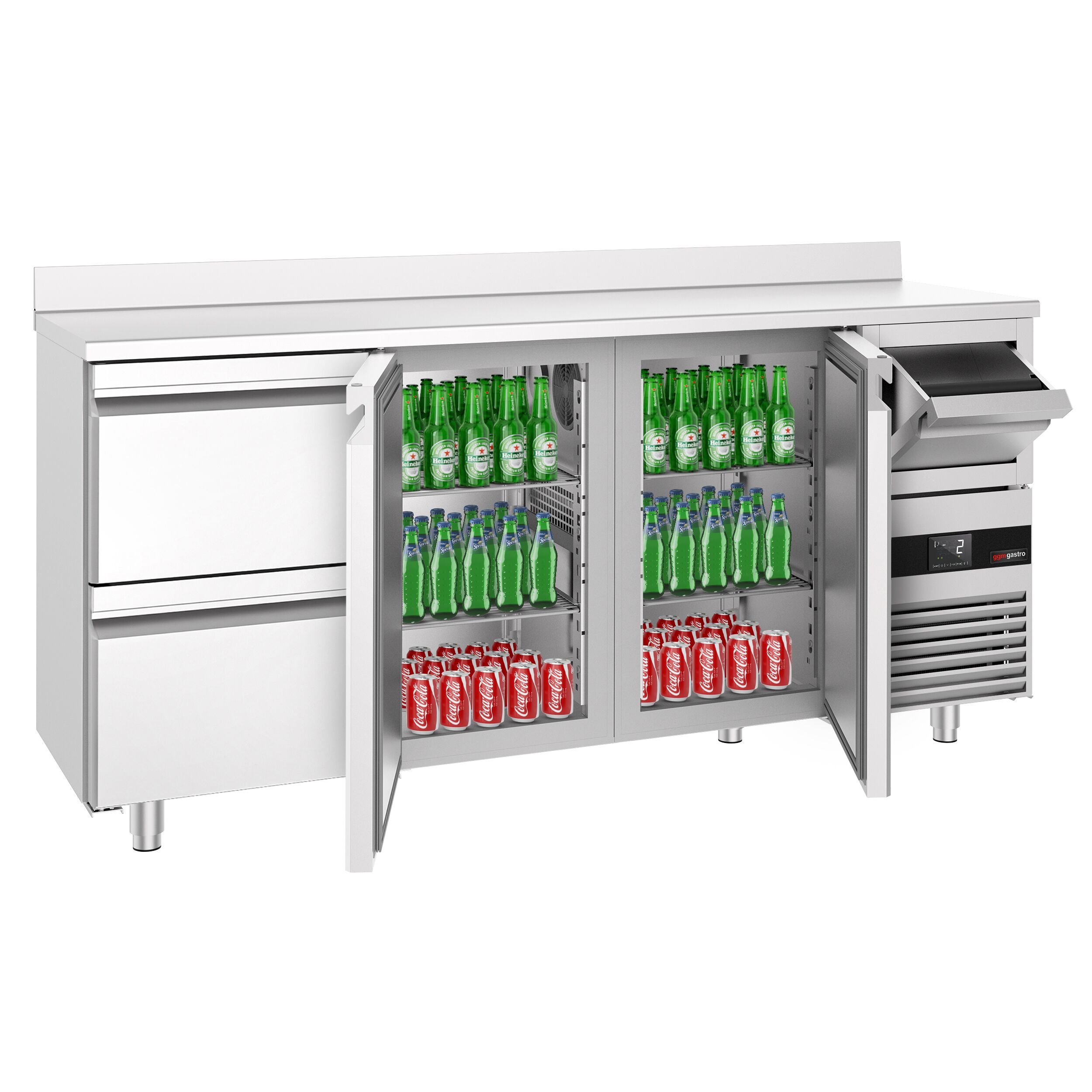 Arrière-bar réfrigéré professionnel  PREMIUM - 2130 x 600 mm - avec 2 portes et 2 tiroirs - avec dosseret - avec tiroir à marc de café
