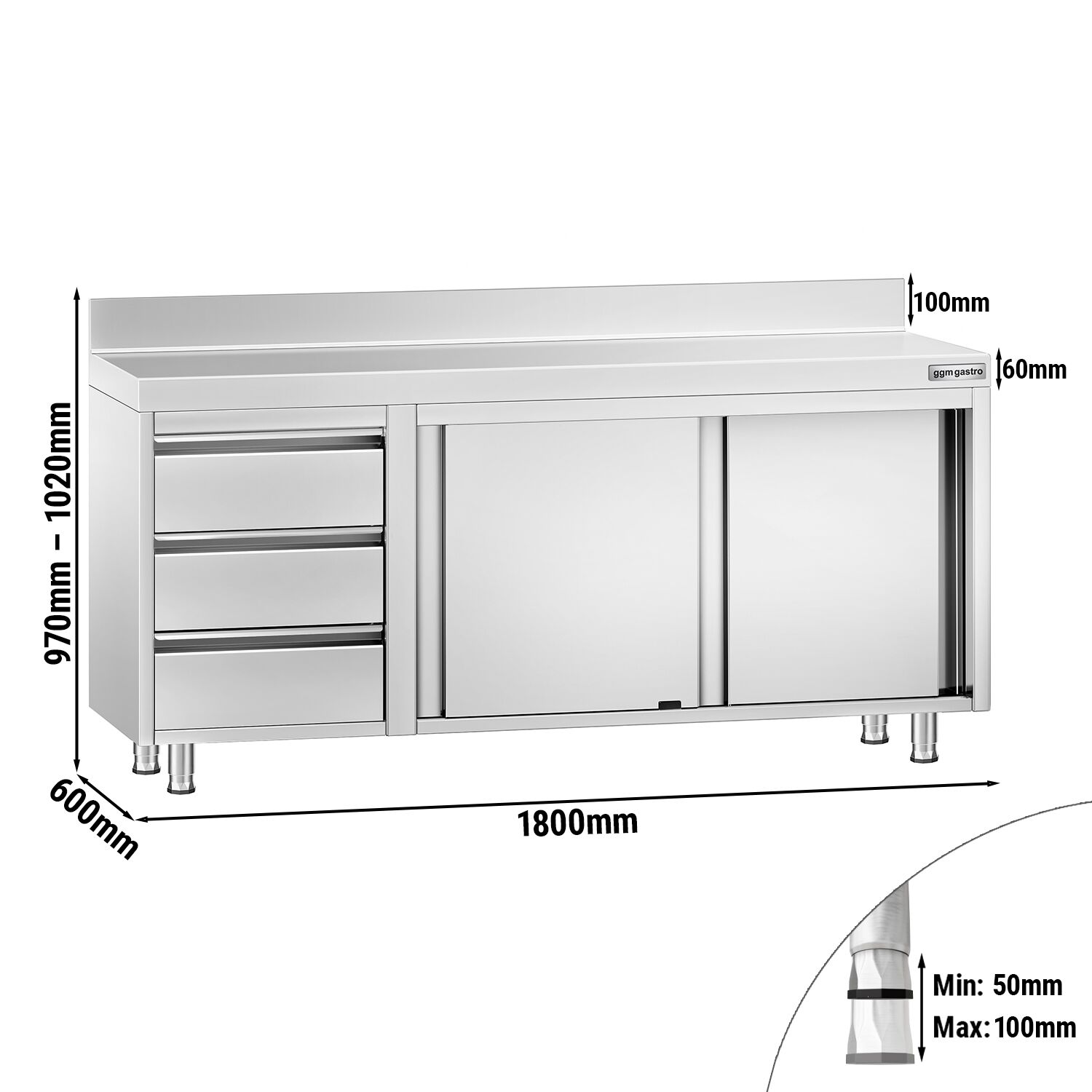 Table armoire en acier inoxydable PREMIUM - 1800x600mm - avec 3 tiroirs à gauche et portes coulissantes - avec dosseret