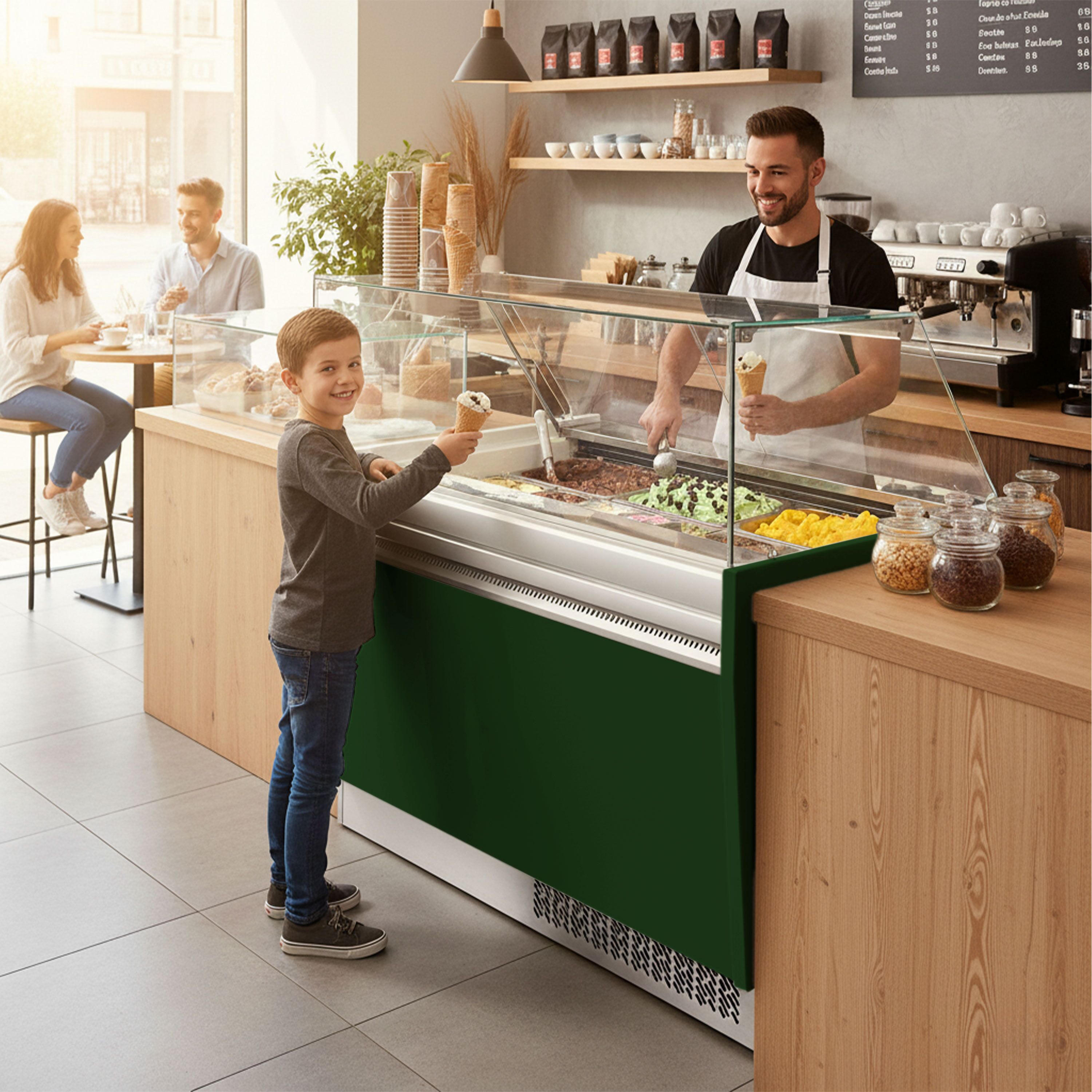 Vetrina Gelato LIAM - 1310mm - Refrigerazione statica - con Illuminazione LED - per 10+10x Vasca da gelato da 5 Litri - con riserva inferiore - Verde