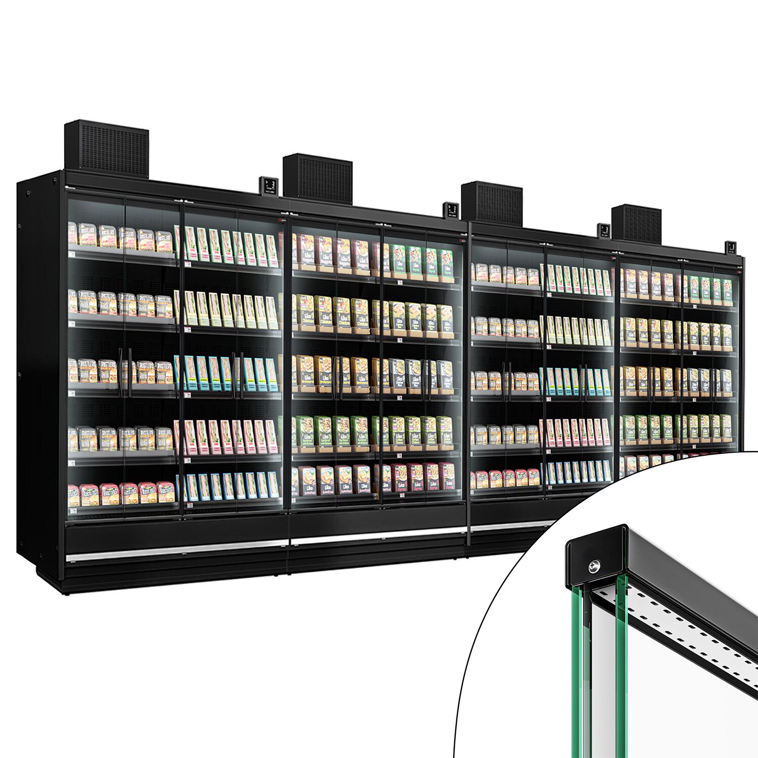 (4 pcs) Armoire réfrigérée murale de supermarché - 7500mm - avec 4 portes battantes vitrées & 5 étagères - Noir