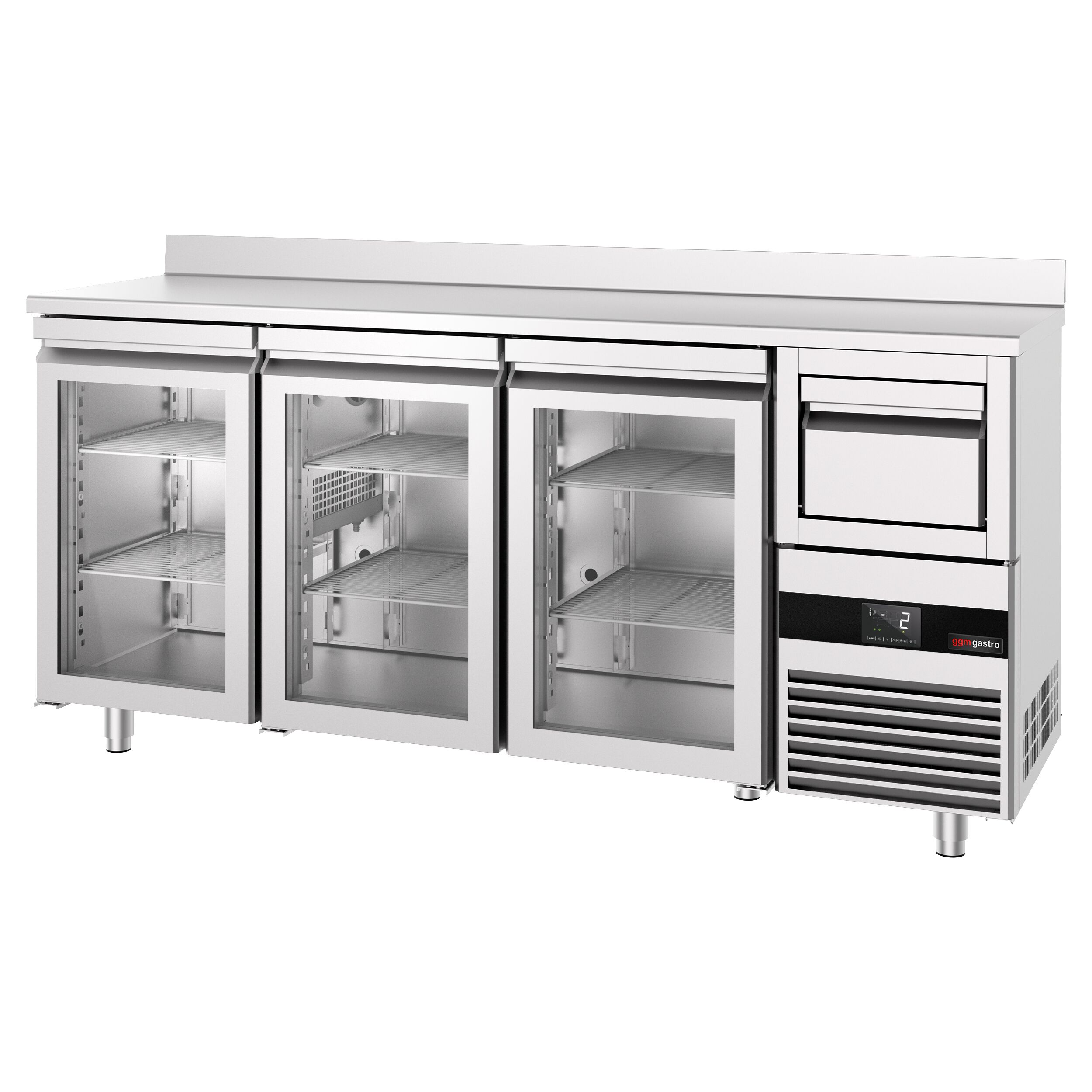 Commercial Back Bar Bottle Cooler PREMIUM - 2140x600x1150mm - with 3 Hinged Glass Doors, upstand & knock box for coffee - 632L