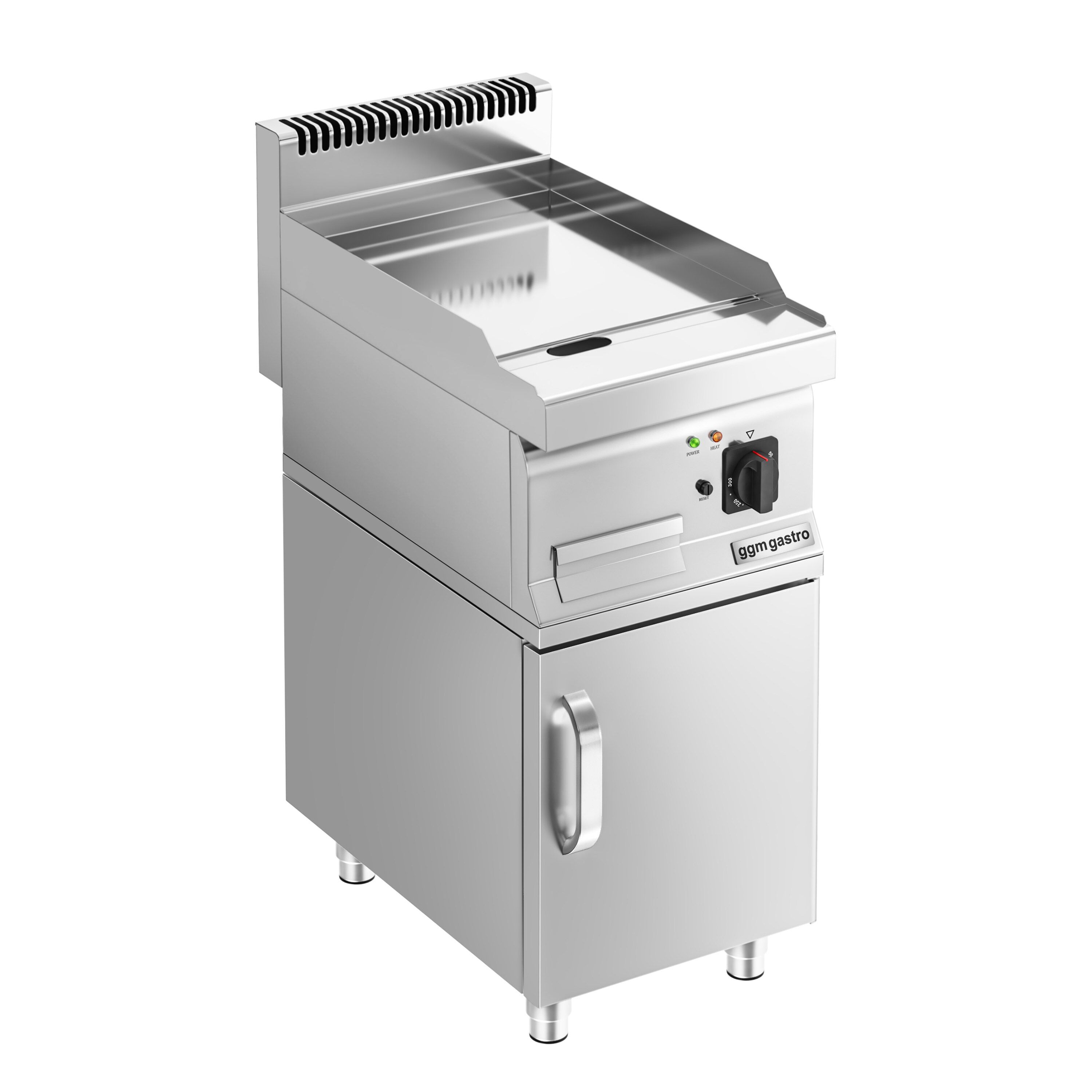 Plancha électrique - plaque chromée dure - 4,5 kW - Lisse - Surface de cuisson : 395x500mm - incl. soubassement avec 1 porte