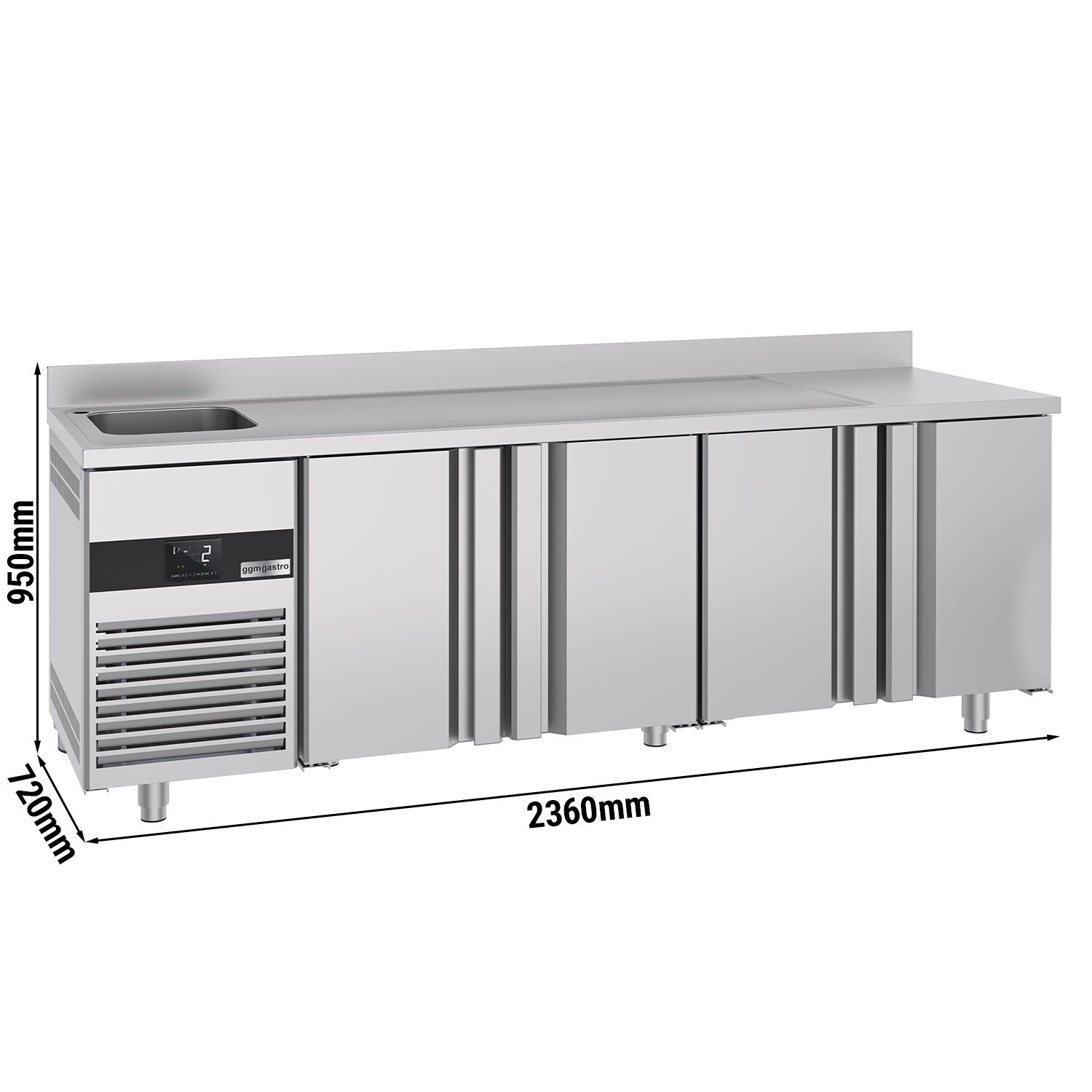 Table réfrigérée PREMIUM - 2360x700 mm - avec 4 portes, 1 bac à gauche - avec dosseret