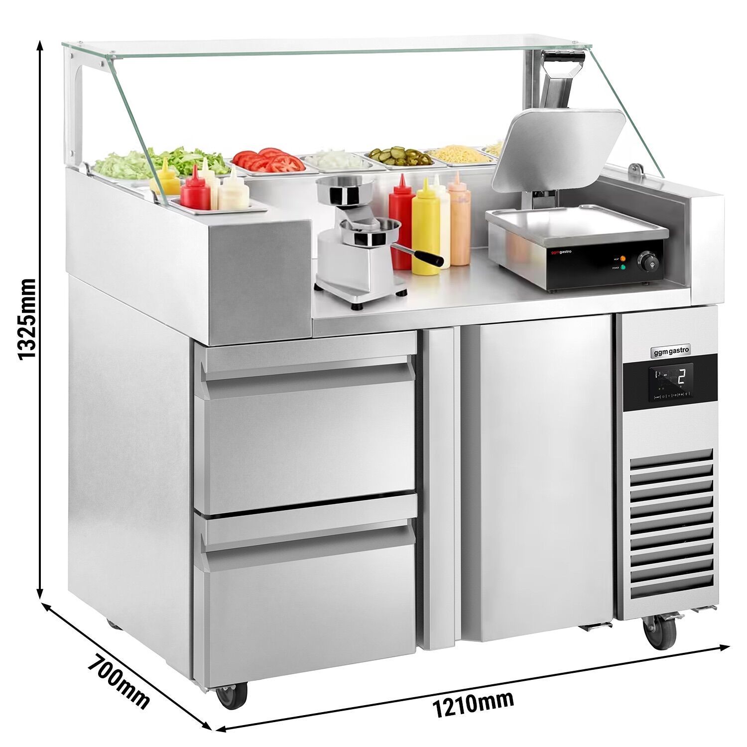 Table de préparation – 1210 mm – 1 porte & 2 tiroirs – pour 9 bacs GN 1/6 – incl. grill de contact & machine à hamburgers