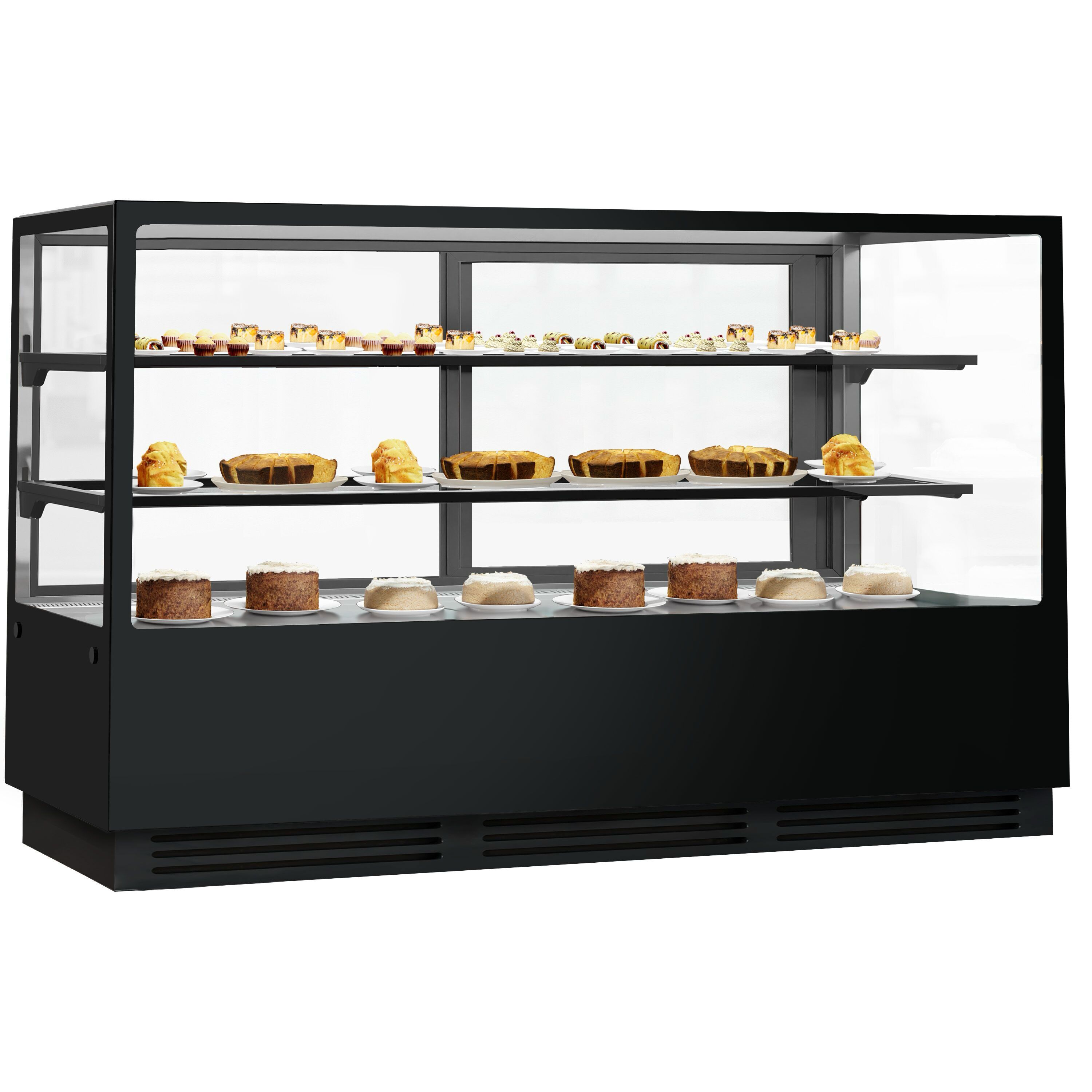 Vetrina pasticceria refrigerata - 782l - 2000mm - Doppio vetro - con 2 ripiani - LED interni; schienale a specchio; porte posteriori scorrevoli - Nero