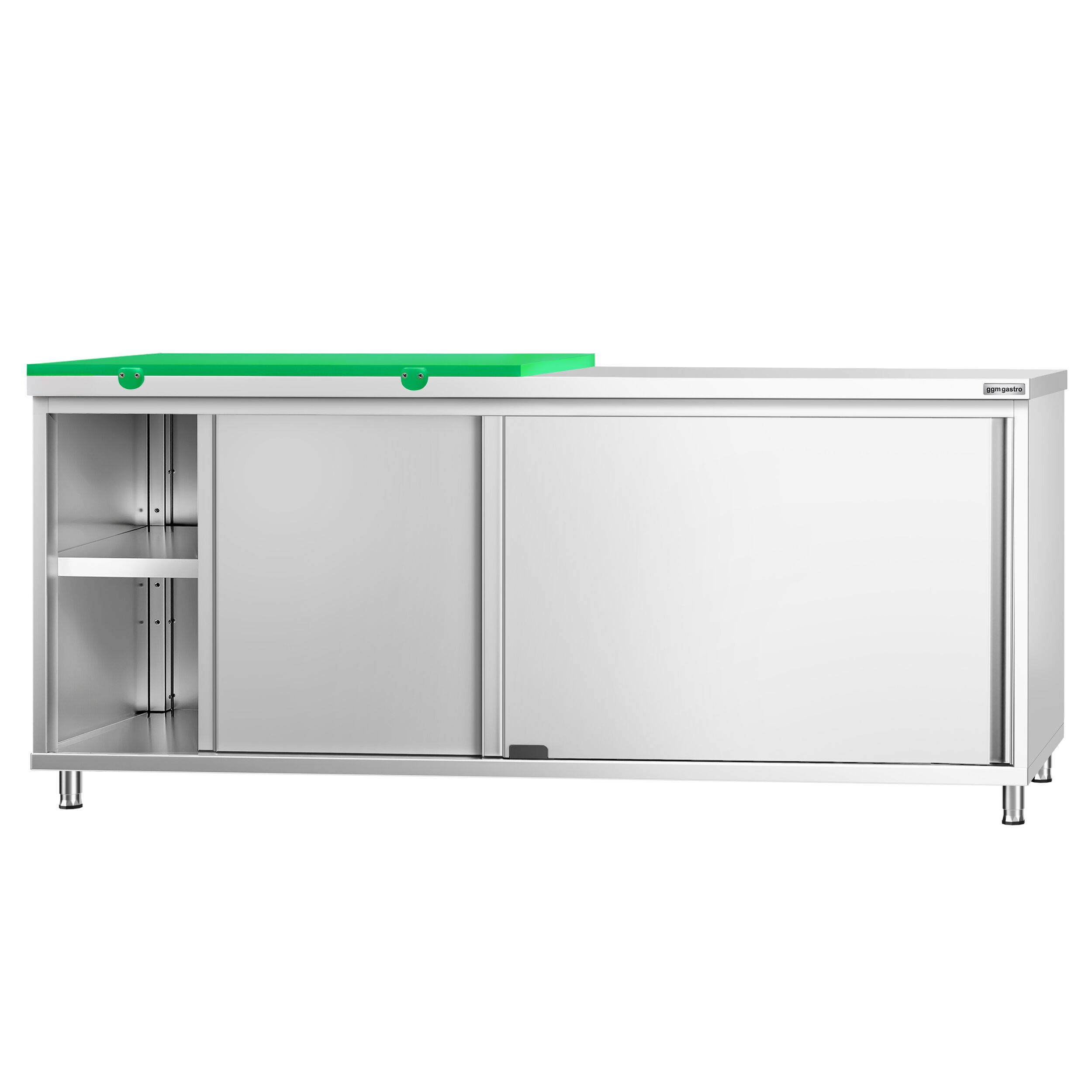 Table armoire en acier inoxydable PREMIUM - 2000x700mm - avec portes coulissantes - incl. 1/2 plateau de découpe Vert PEHD (HACCP)