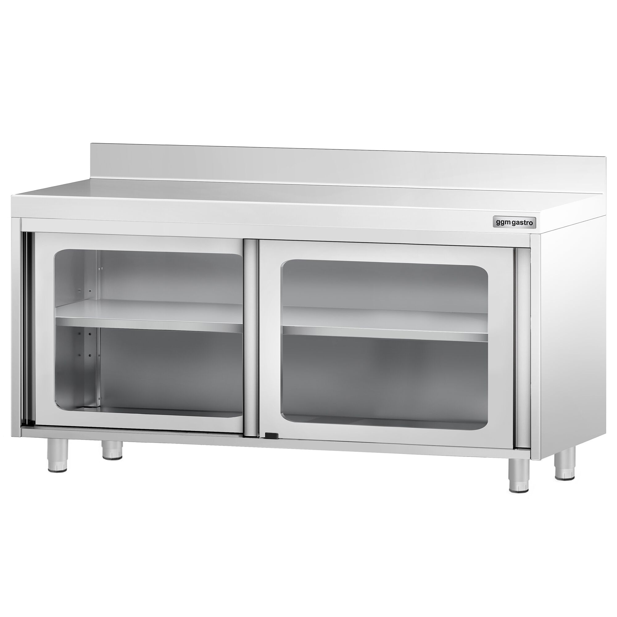Table armoire en acier inoxydable PREMIUM - 1600x600mm - avec portes coulissantes vitrées - avec dosseret