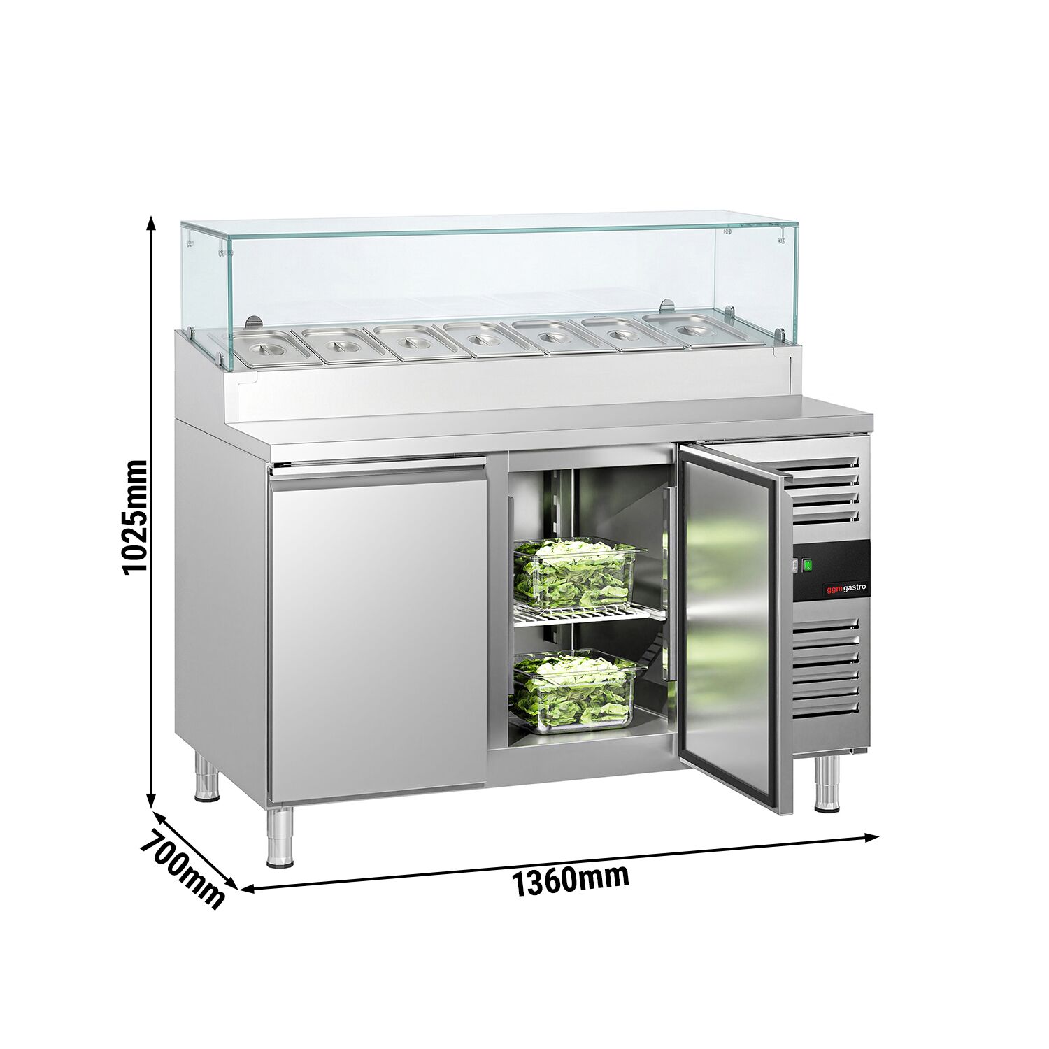 Zubereitungstisch PREMIUM - 1360mm - 2 Türen - mit Glasaufsatz - für 7x GN 1/3