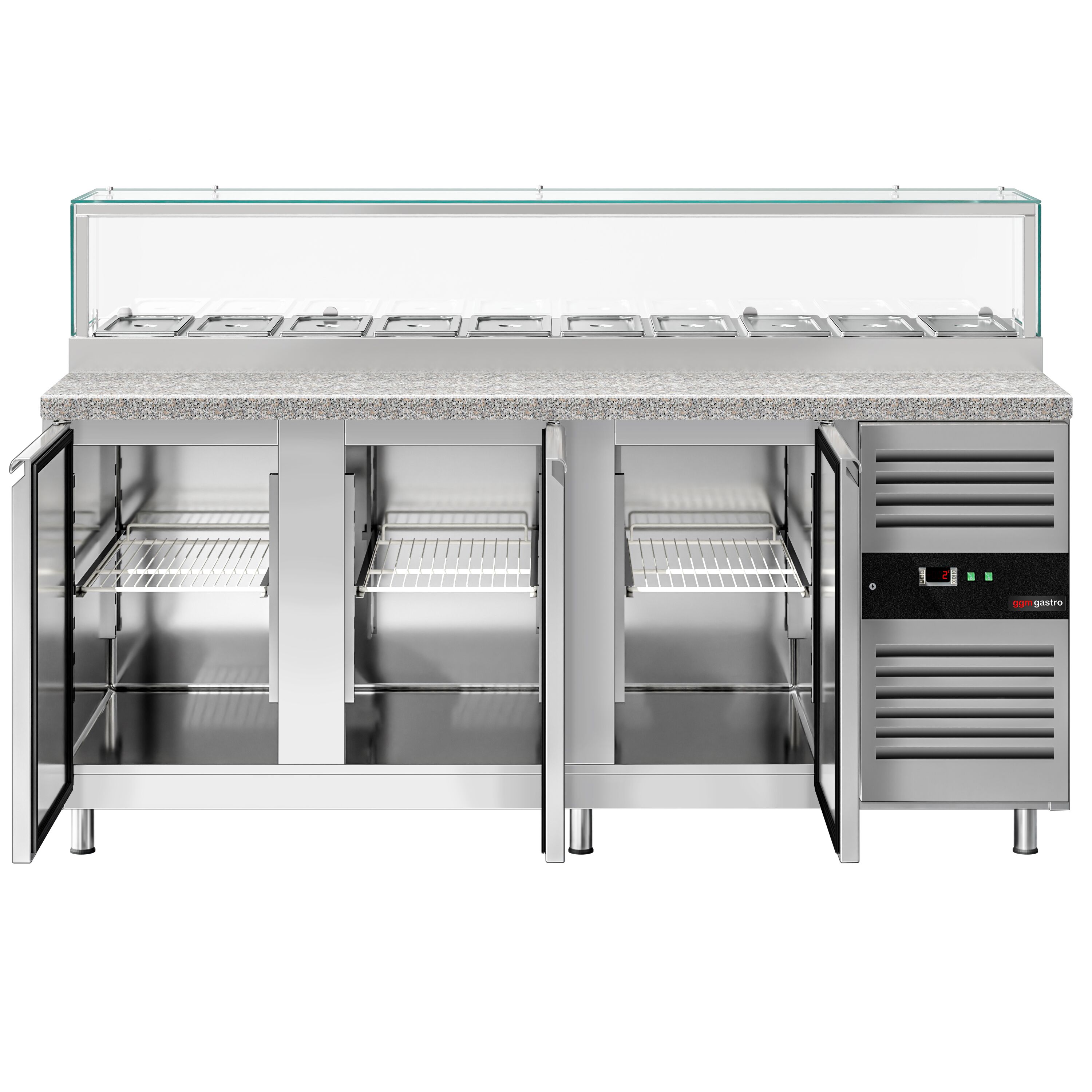 Saladette réfrigérée PREMIUM - 2020mm - 3 portes - avec vitrine de comptoir pour 10x GN 1/3 & 1 étagère - plan de travail en granit noir
