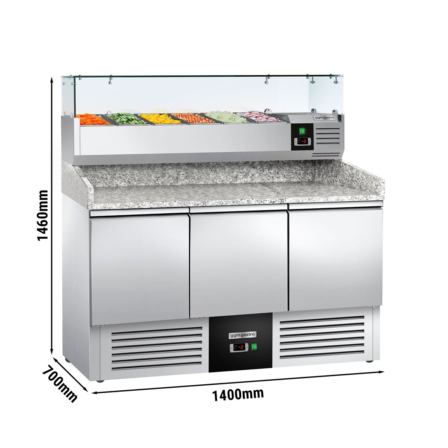 Banco pizza refrigerato PREMIUM - 1400x700mm - con 3 porte - piano in granito - con vetrina ingredienti refrigerata superiore - 6x GN 1/4