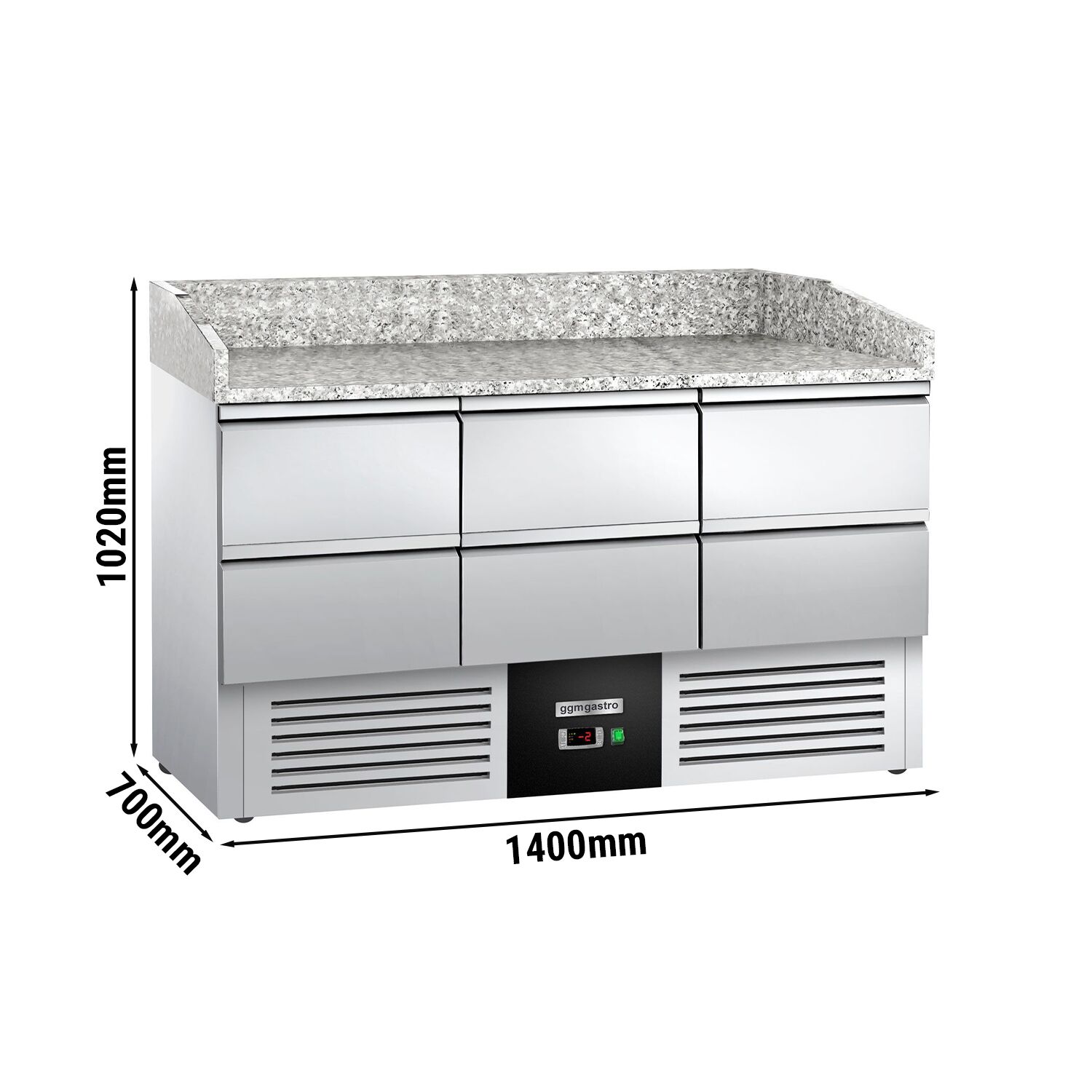 Commercial Pizza Prep Counter - Granite Top PREMIUM - 1400x700mm - with 0 doors & 6 dough drawers