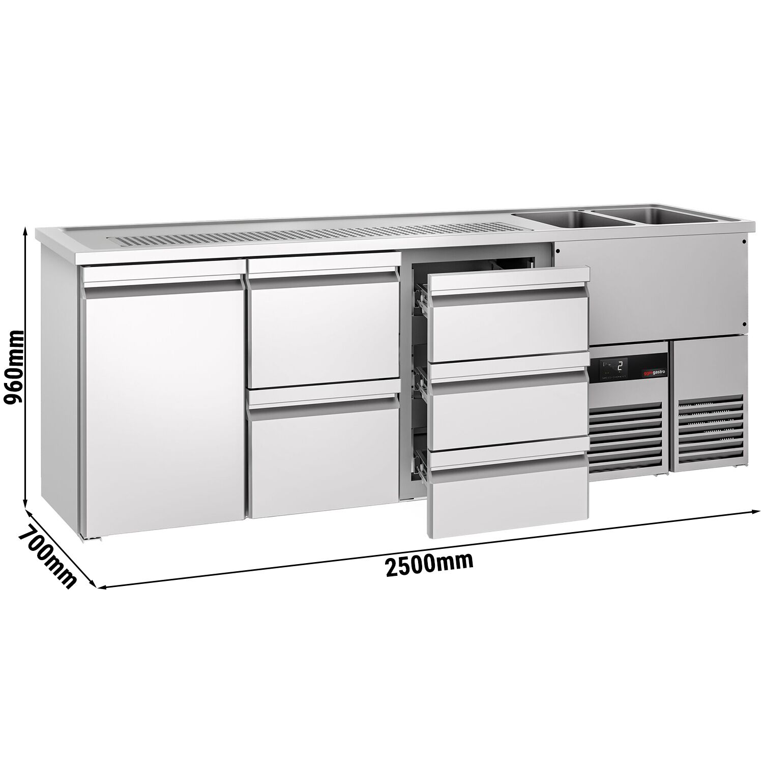 Comptoir de bar réfrigéré PREMIUM - 2500x700mm - 1 porte & 5 tiroirs