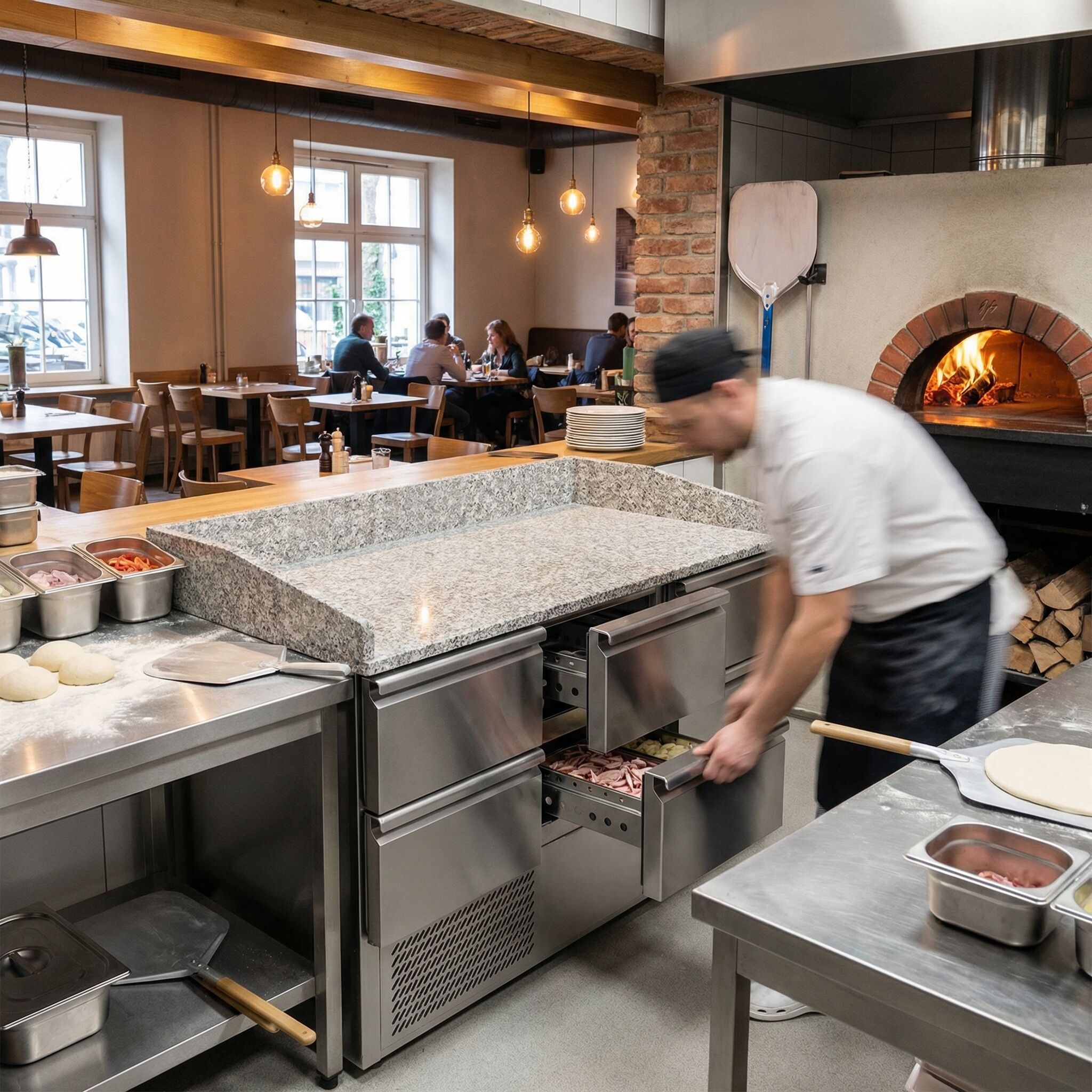 Commercial Pizza Prep Counter - Granite Top ECO - 1400x700mm - with 0 doors & 6 drawers
