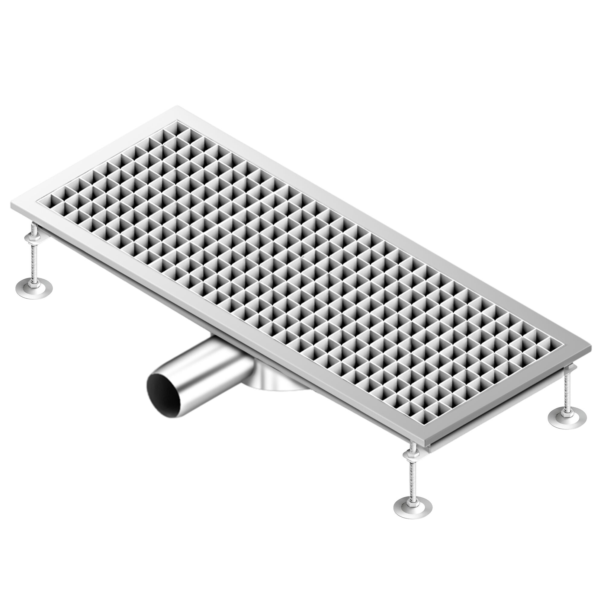 Caniveau de sol en acier inoxydable - 750x300mm - sortie horizontale Ø70mm - avec caillebotis