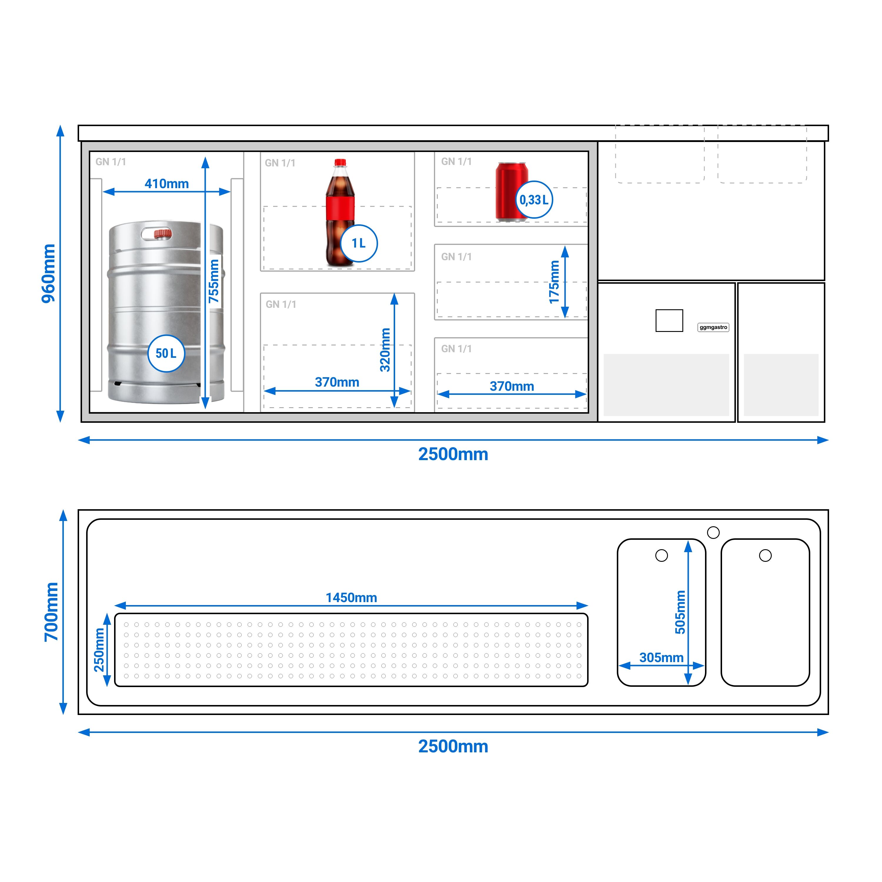 Comptoir de bar réfrigéré PREMIUM - 2500x700mm - 1 porte vitrée & 5 tiroirs en verre