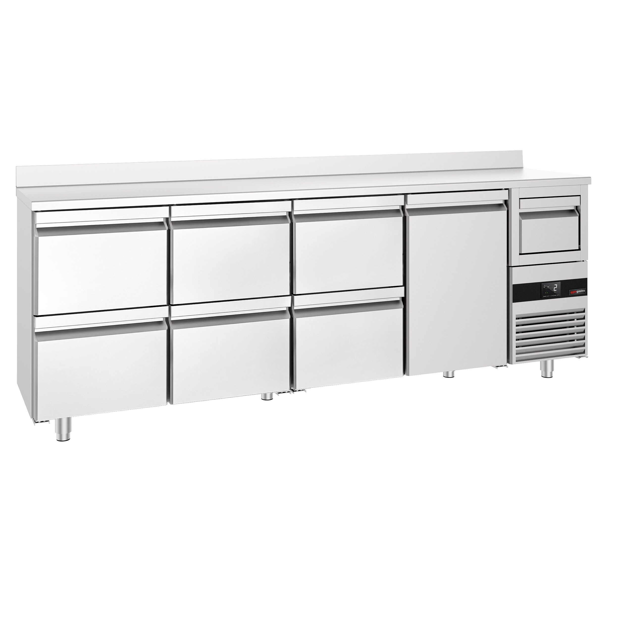 Arrière-bar réfrigéré professionnel  PREMIUM - 2690 x 600 mm - avec 1 porte et 6 tiroirs - avec dosseret - avec tiroir à marc de café