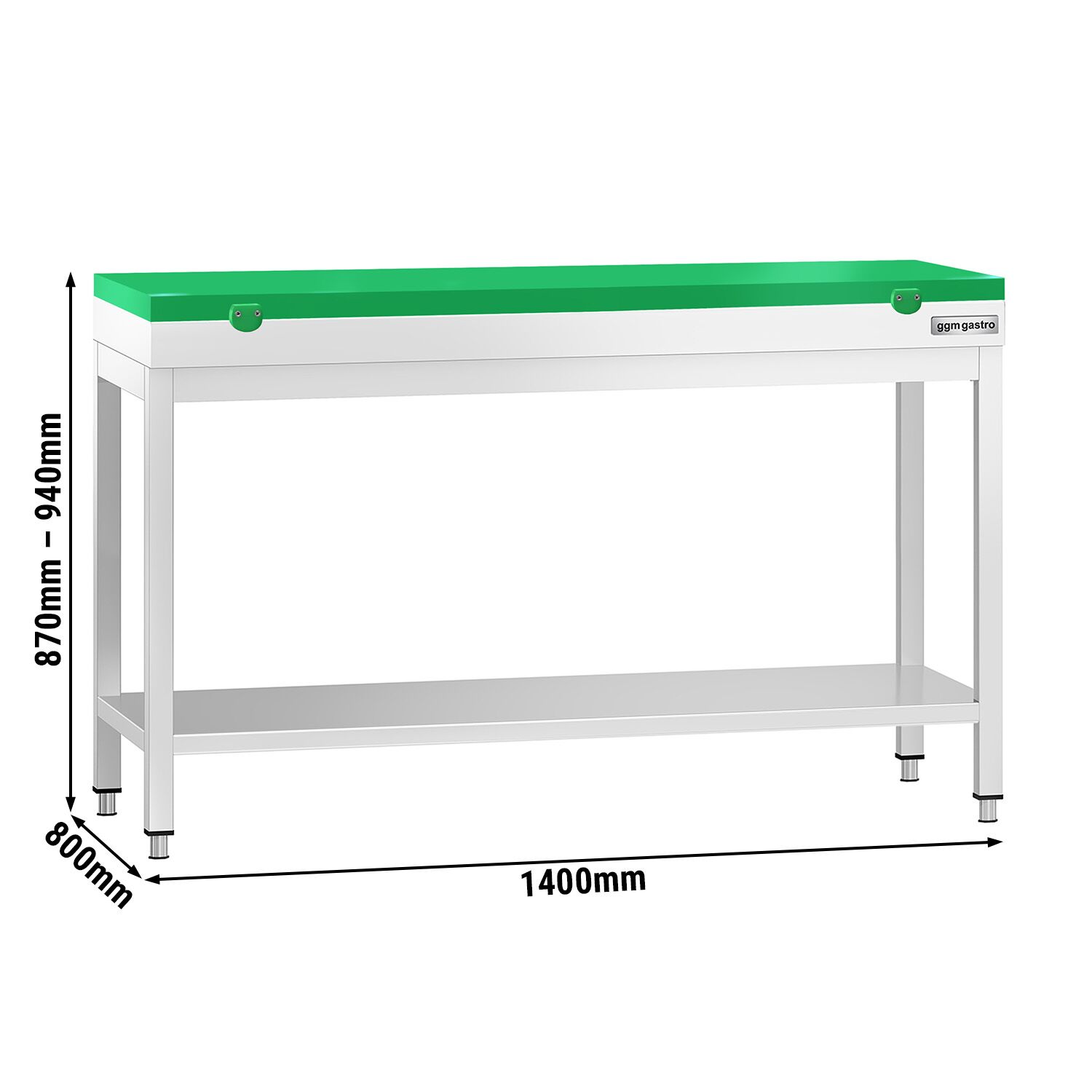 Rostfri arbetsbänk PREMIUM - 1400x800 mm - med underhylla - inkl. skärbräda grön