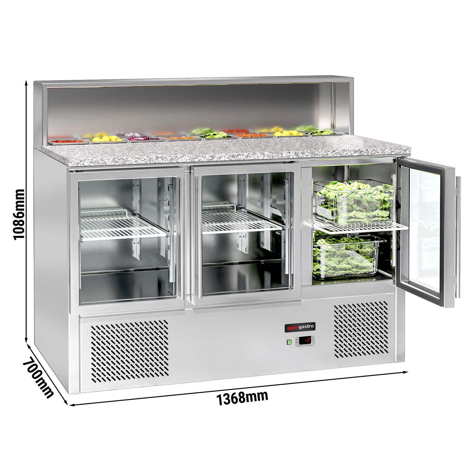 Saladette réfrigérée ECO - 1368mm - 402L - 3 portes vitrées - avec découpe pour 7x GN 1/6 & Couvercle inox - plan de travail en granit noir