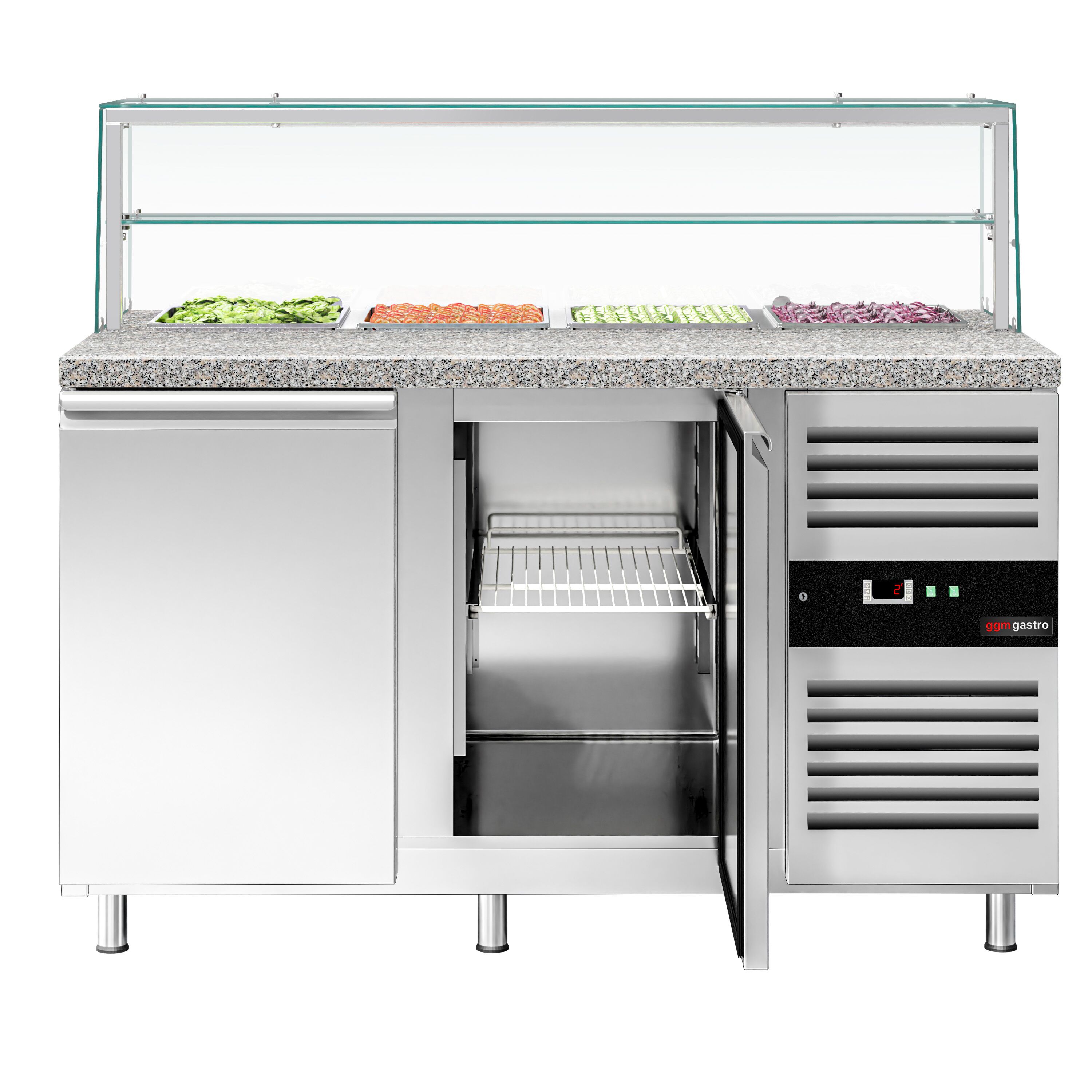 Saladette réfrigérée PREMIUM - 1515mm - 390L - 2 portes - avec vitrine de comptoir pour 4x GN 1/1 & 1 étagère - plan de travail en granit noir