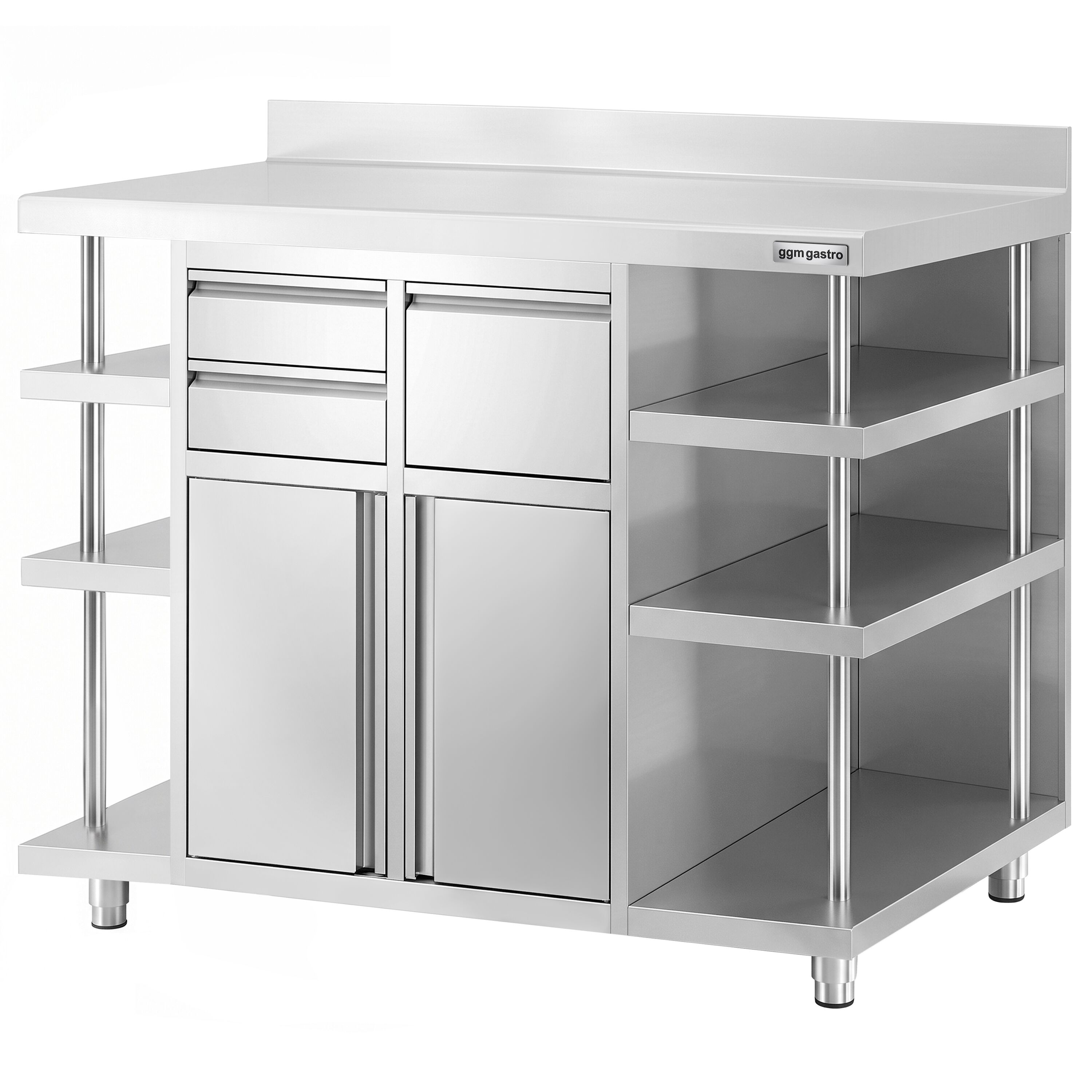 Arbetsskåp – för kaffemaskin – 1400 x 600 mm – med 2 pendeldörrar, 2 lådor, avklappningsanordning, 6 hyllor och upphöjd kant