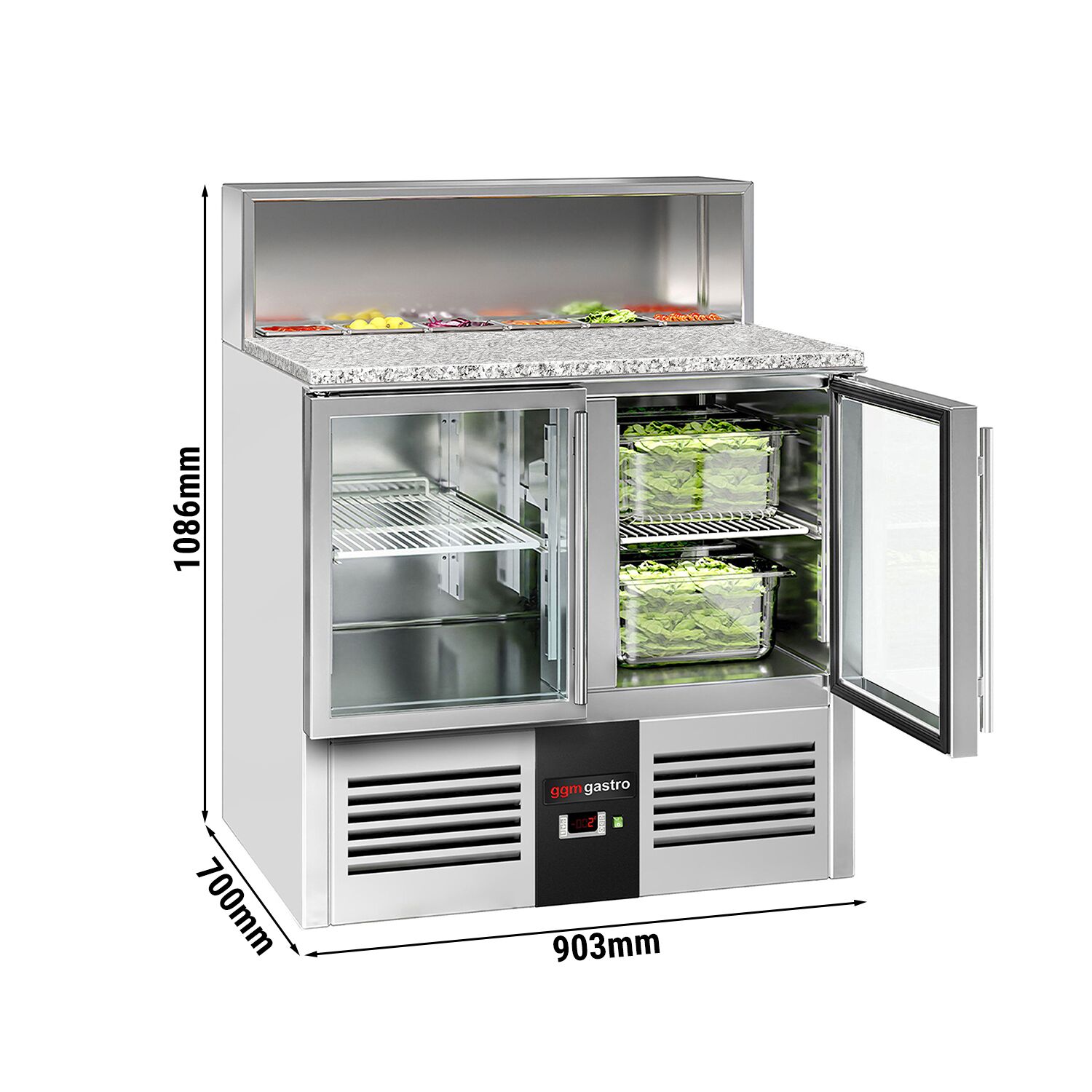 Saladette réfrigérée PREMIUM - 903mm - 240L - 2 portes vitrées - avec ensemble inox (dessus GN) pour 5x GN 1/6 & Couvercle inox - plan de travail en granit noir