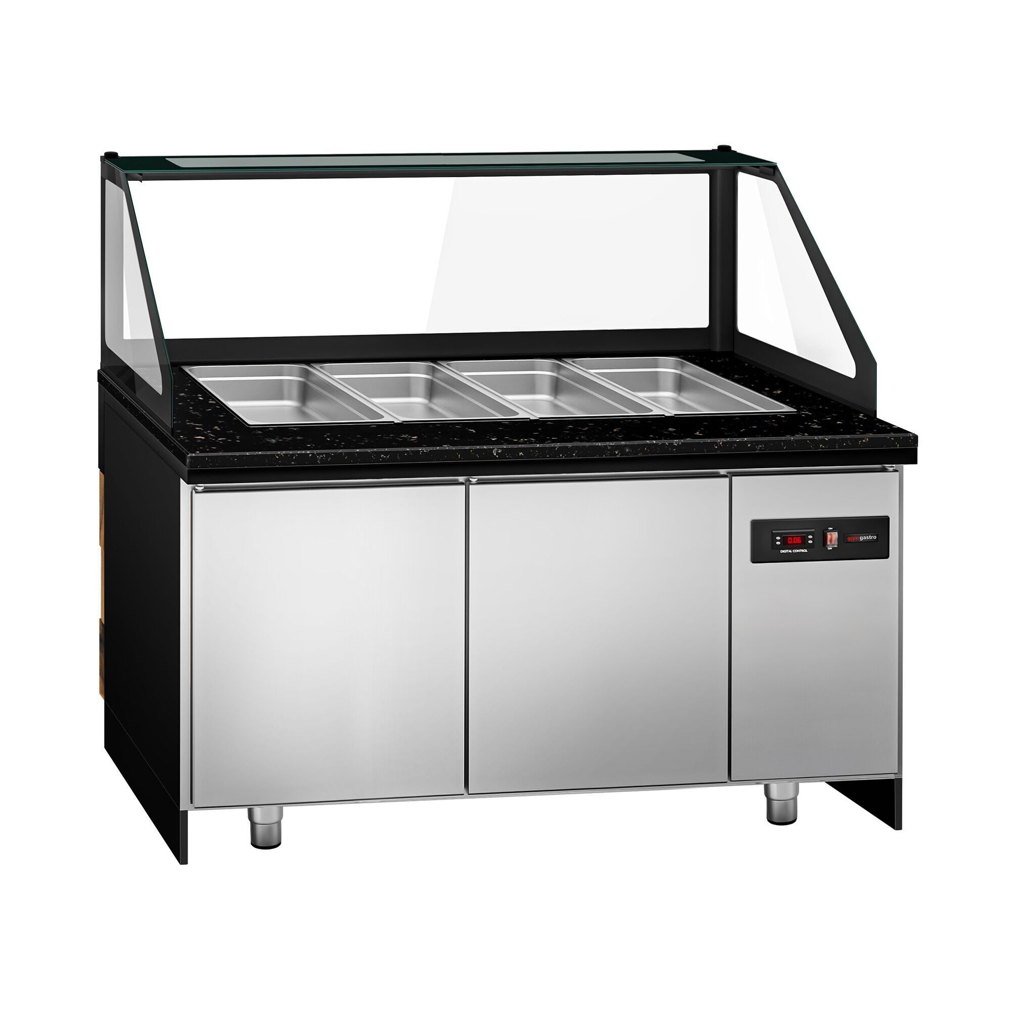 Saladette réfrigérée - 1500mm - façade décor bois naturel - 2 portes - avec vitrine de comptoir pour 4x GN 1/1 & 1 étagère - plan de travail en granit noir