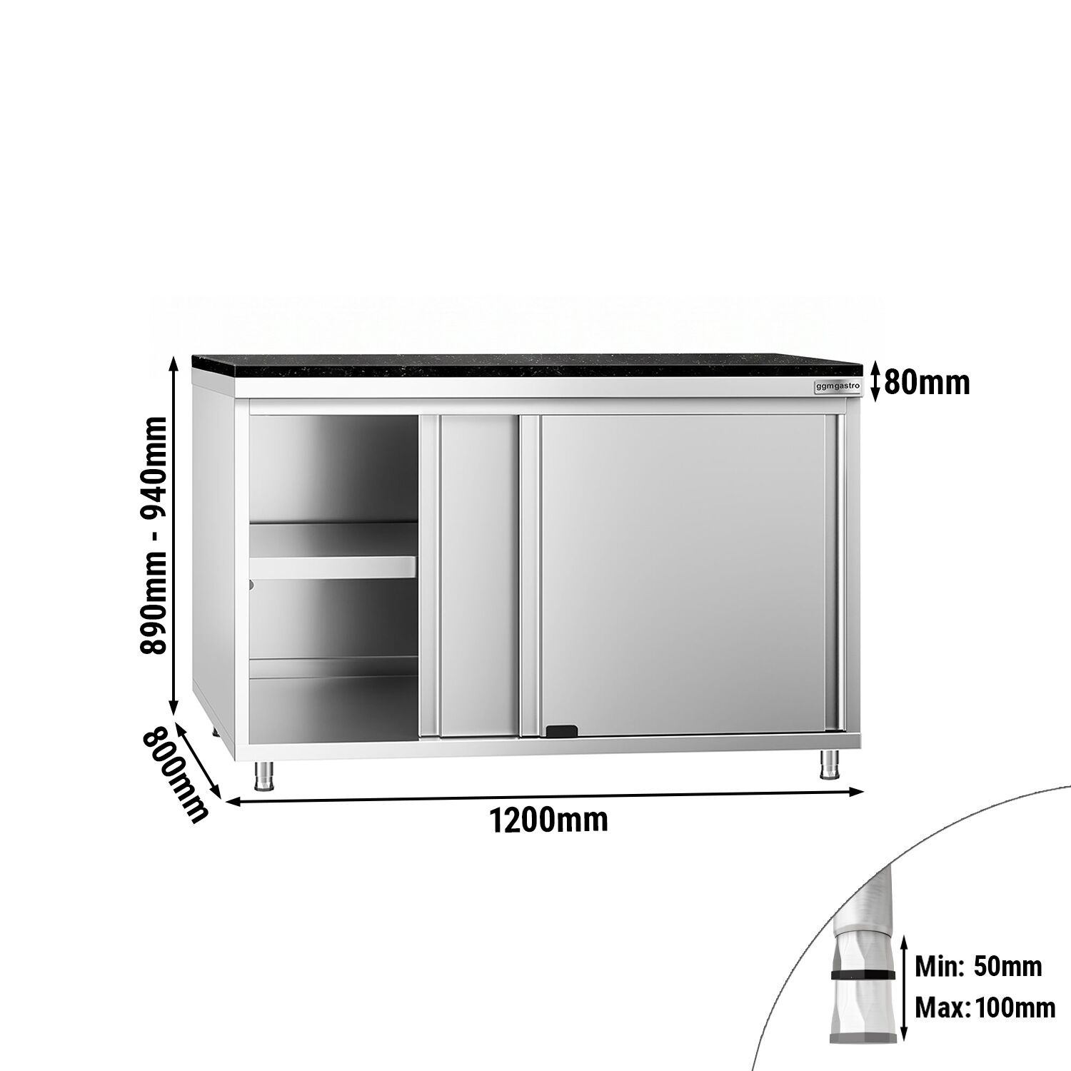 Edelstahl Arbeitsschrank PREMIUM - 1200x800mm - mit Schiebetür - inkl. Granitarbeitsplatte