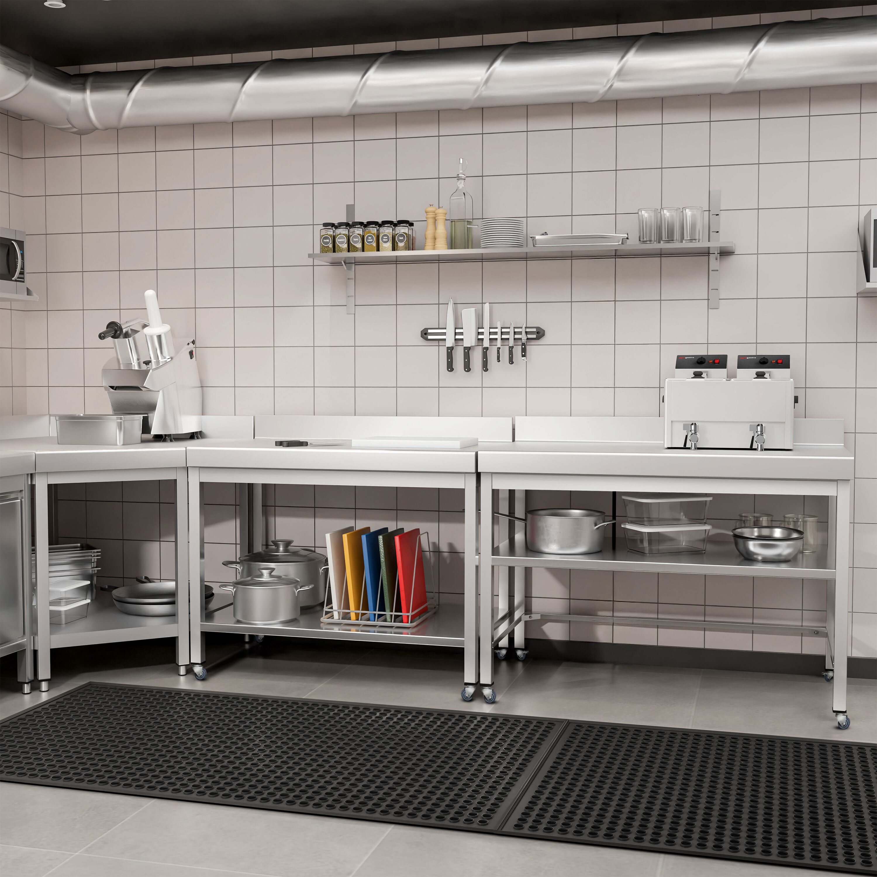 Table de travail en inox PREMIUM - 1000 x 600 mm - avec tablette inférieure, dosseret et roulettes