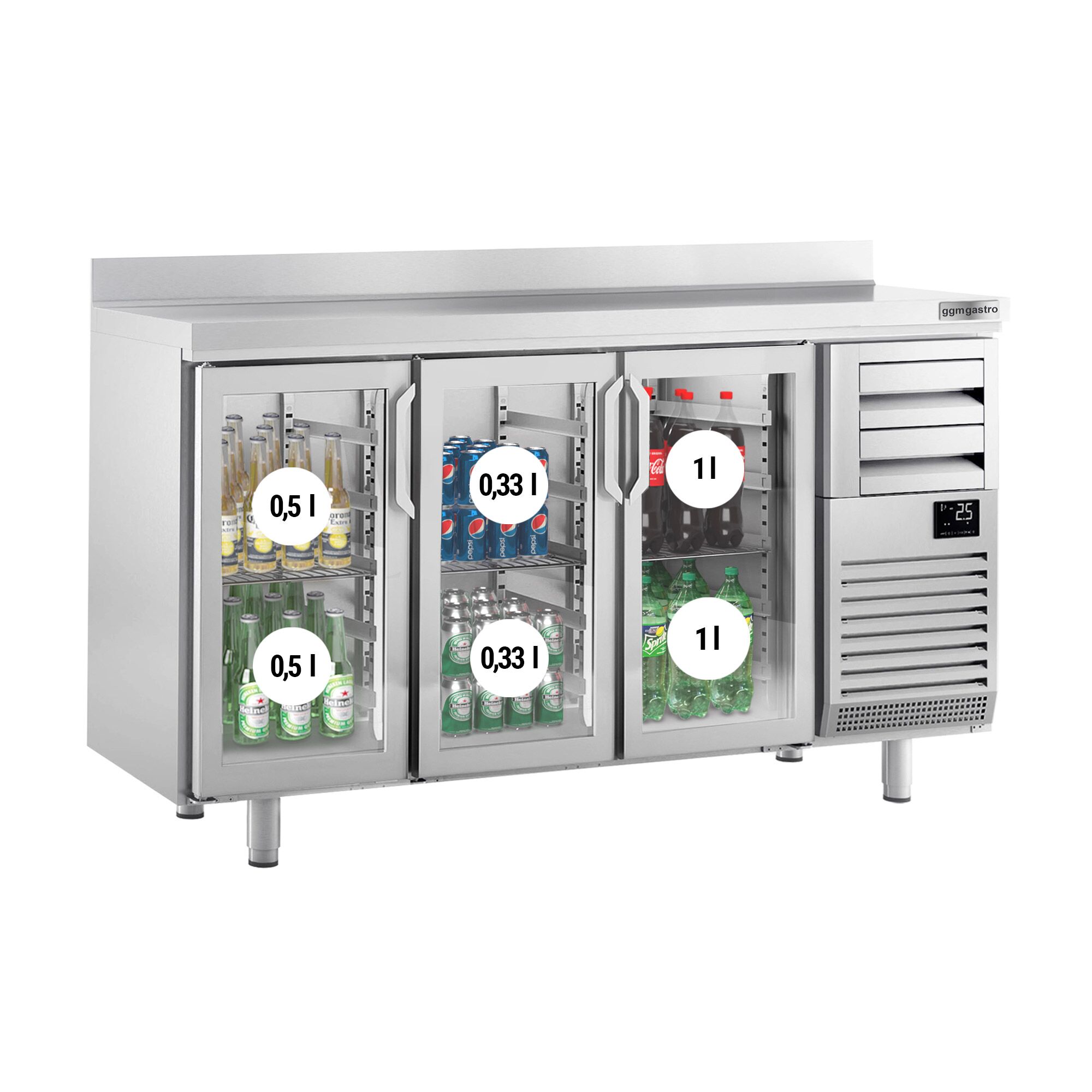 Commercial Back Bar Bottle Cooler PREMIUM PLUS - 1960x600x1150mm - with 3 Hinged Glass Doors, 2 Drawers, upstand, locks & auto defrost - 520L - Stainless Steel