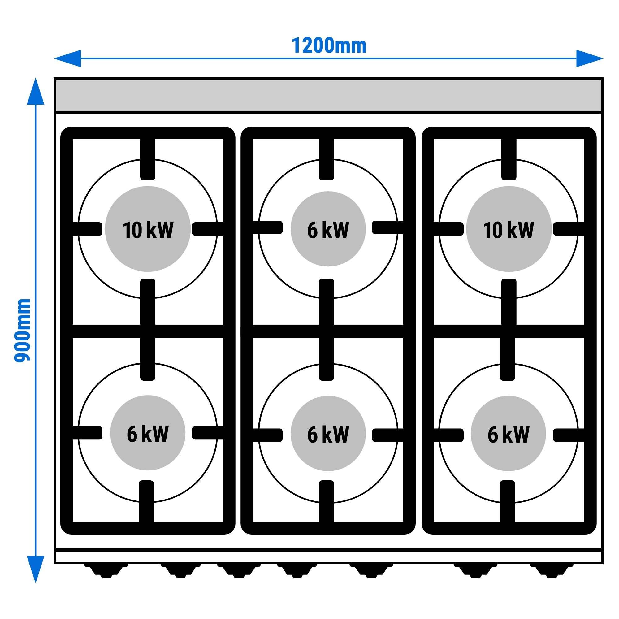 Fourneau à gaz – 44 kW – 6 brûleurs – avec four à gaz statique – 7,8 kW