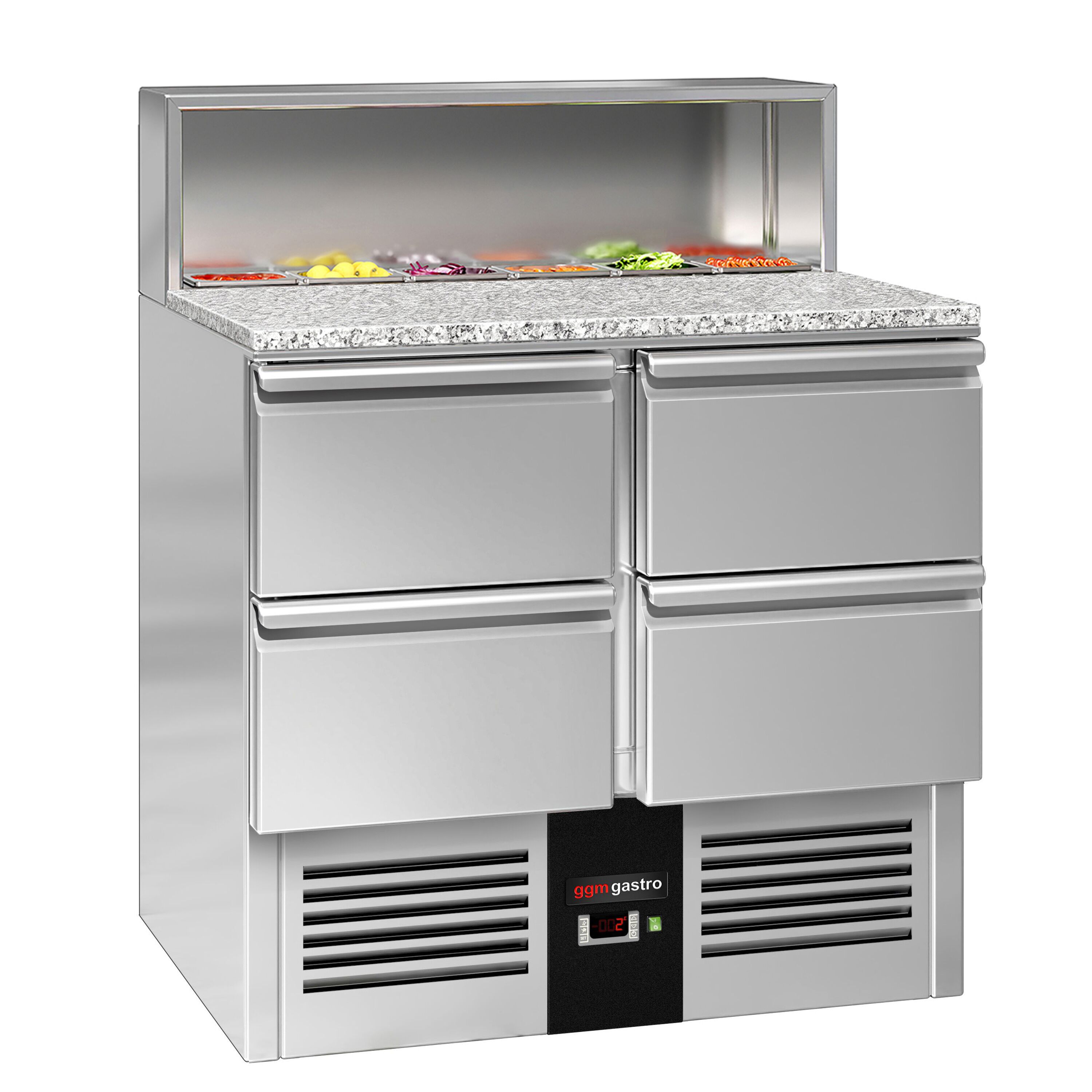 Saladette réfrigérée PREMIUM - 903mm - 240L - 4 tiroirs - pour 5x GN 1/6 - plan de travail en granit noir