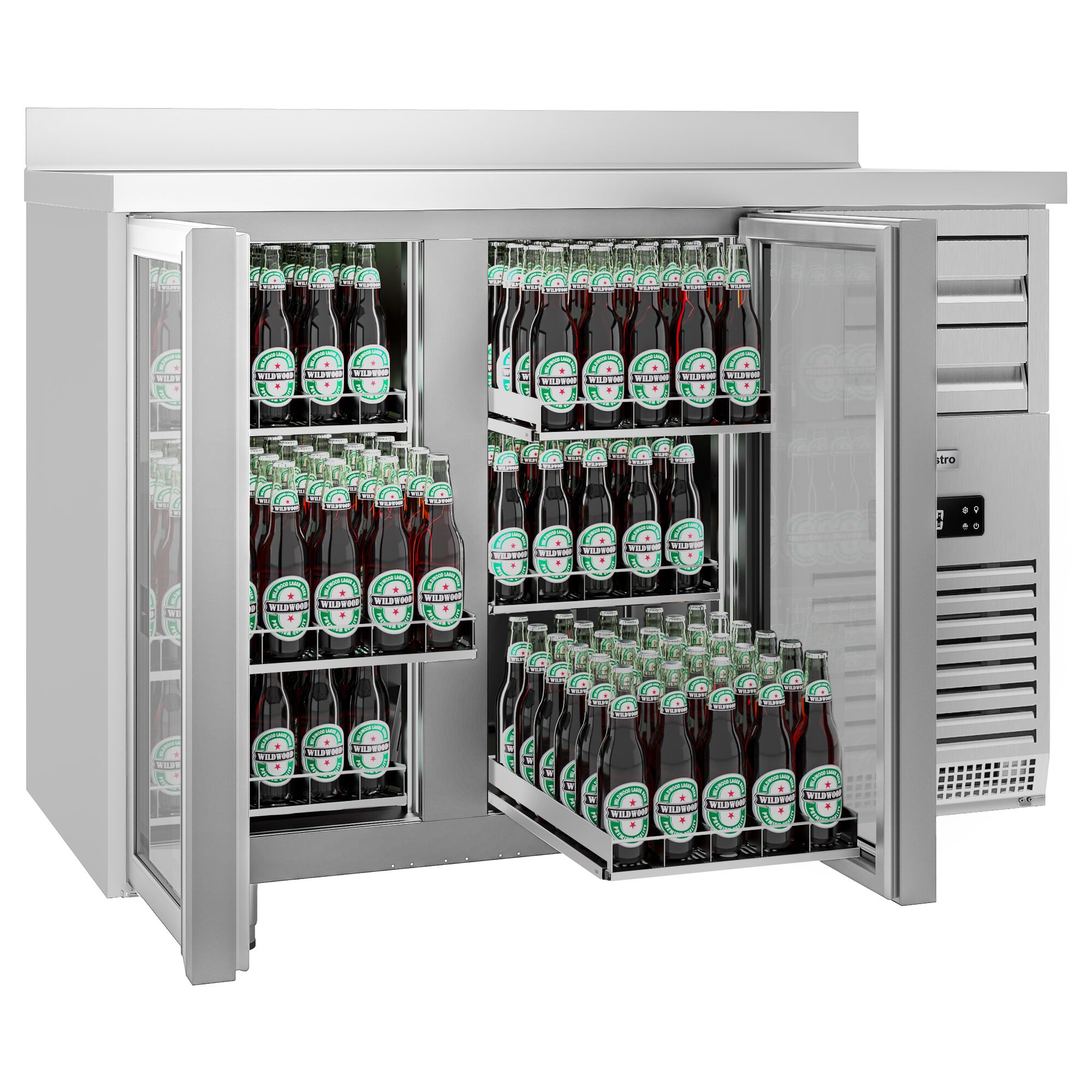 Arrière-bar réfrigéré professionnel Premium PLUS - SUPERCOOLER - 1475x700 mm - avec 2 portes vitrées & dosseret - inox