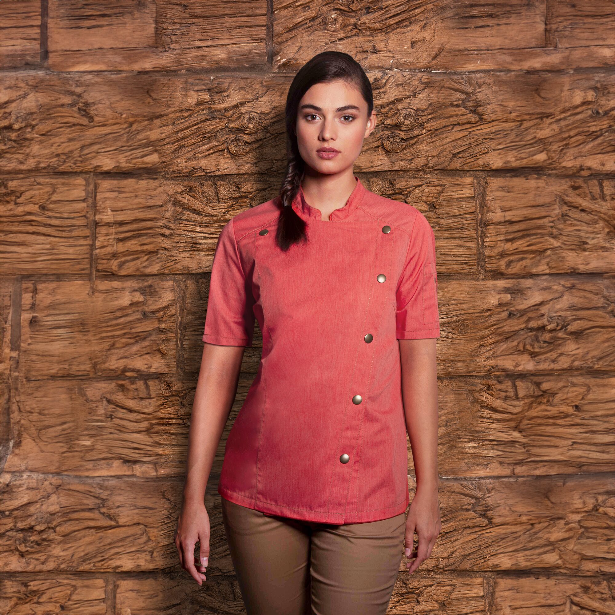 KARLOWSKY | Veste de cuisine manches courtes femme style jeans - Rouge Vintage - Taille : 38