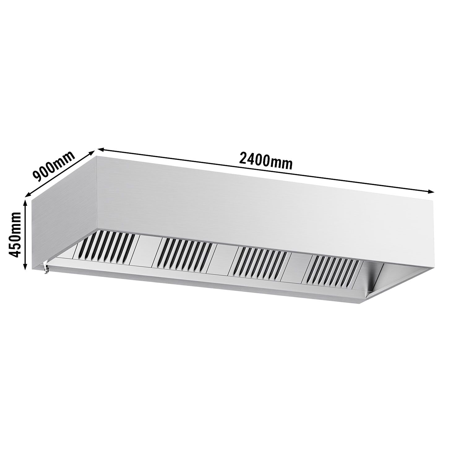 Hotte à adosser professionnelle - Profondeur 900 - 2400mm - sans moteur - avec filtres et éclairage