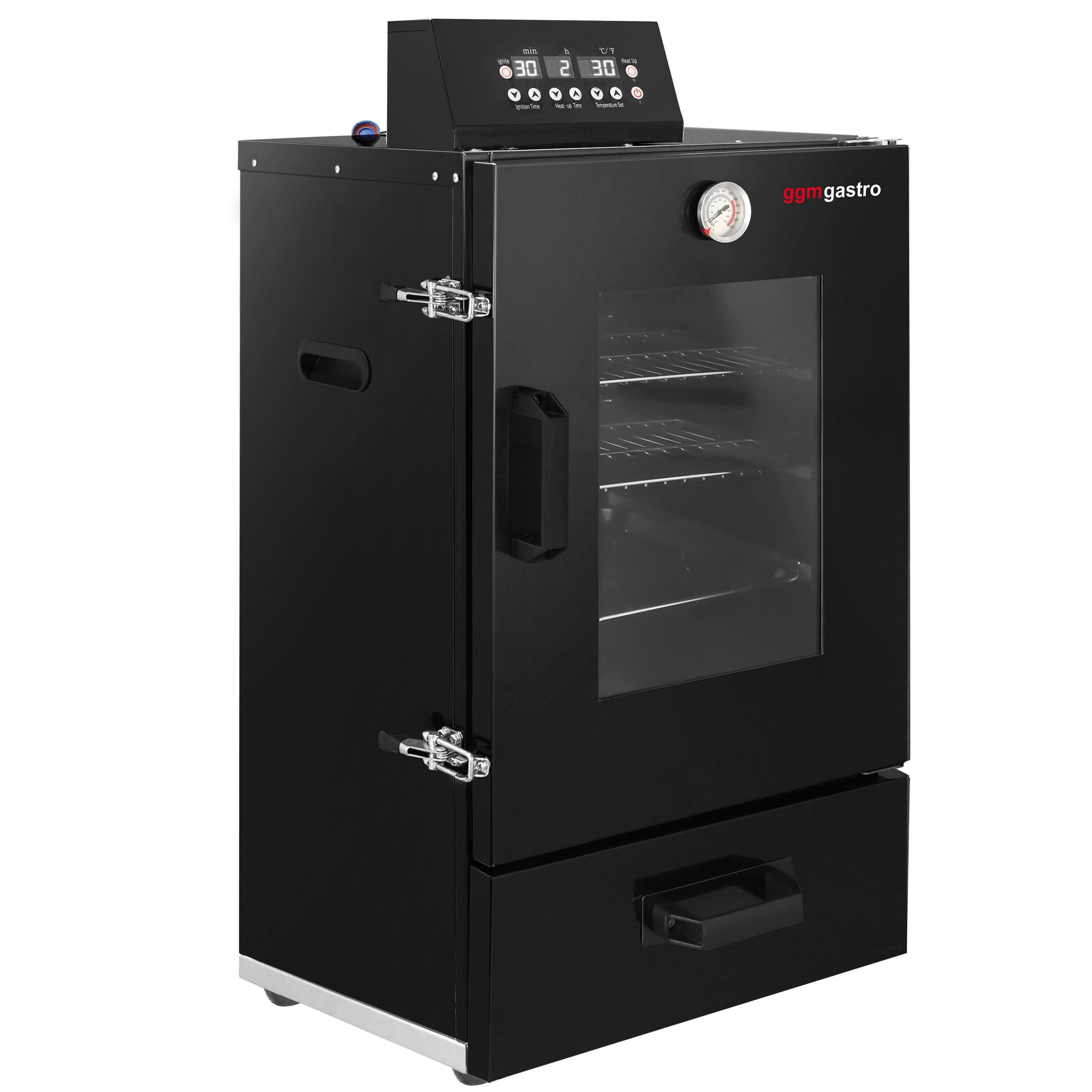 Compact Fumoir électrique professionnel - Commande électronique - 3 étagères et porte vitrée - 475x450mm - Noir