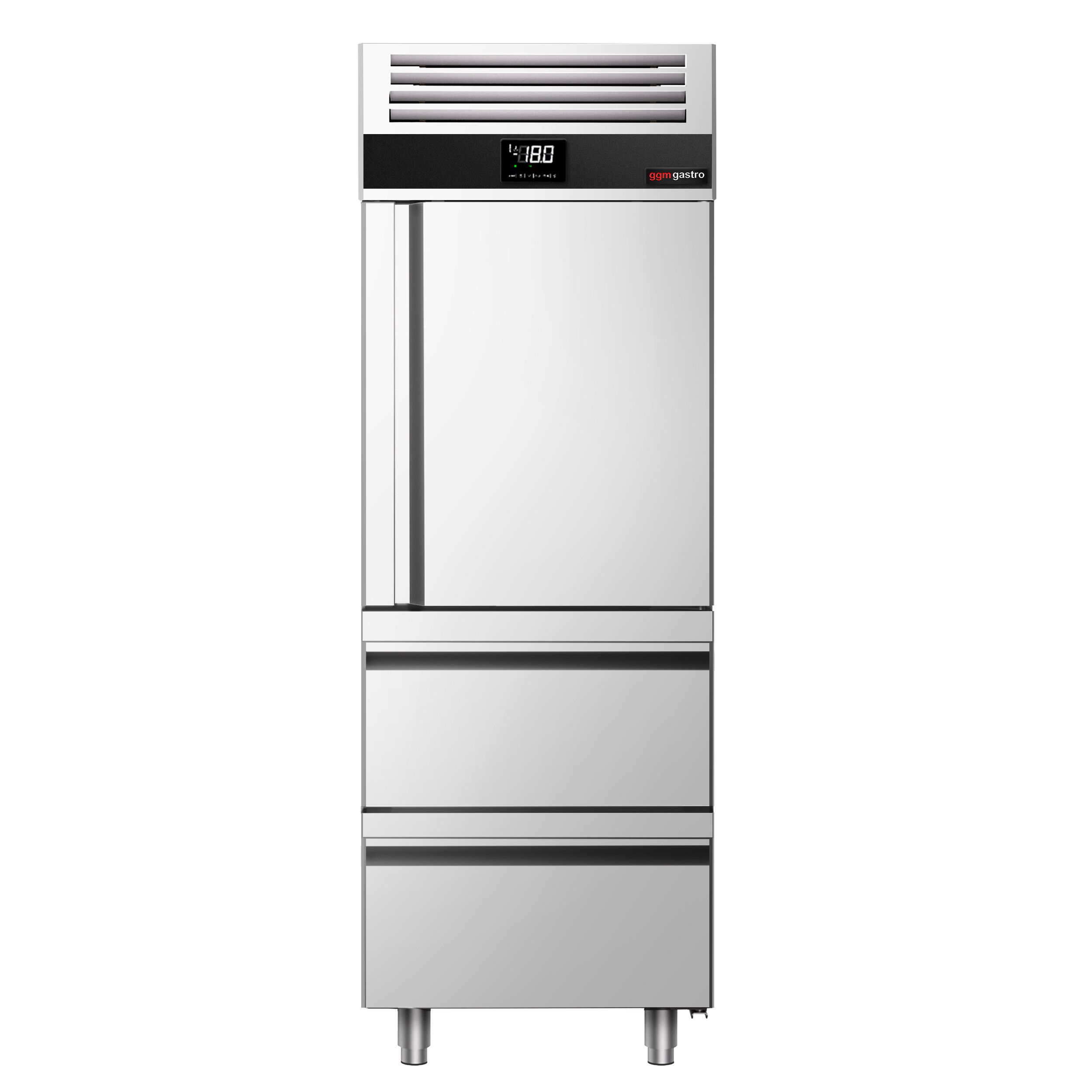 Armoire réfrigérée vitrée négative en acier inoxydable PREMIUM - GN 2/1 - 700 L - avec 1 porte vitrée & 2 tiroirs & 2 grilles GN 2/1 & Glissières