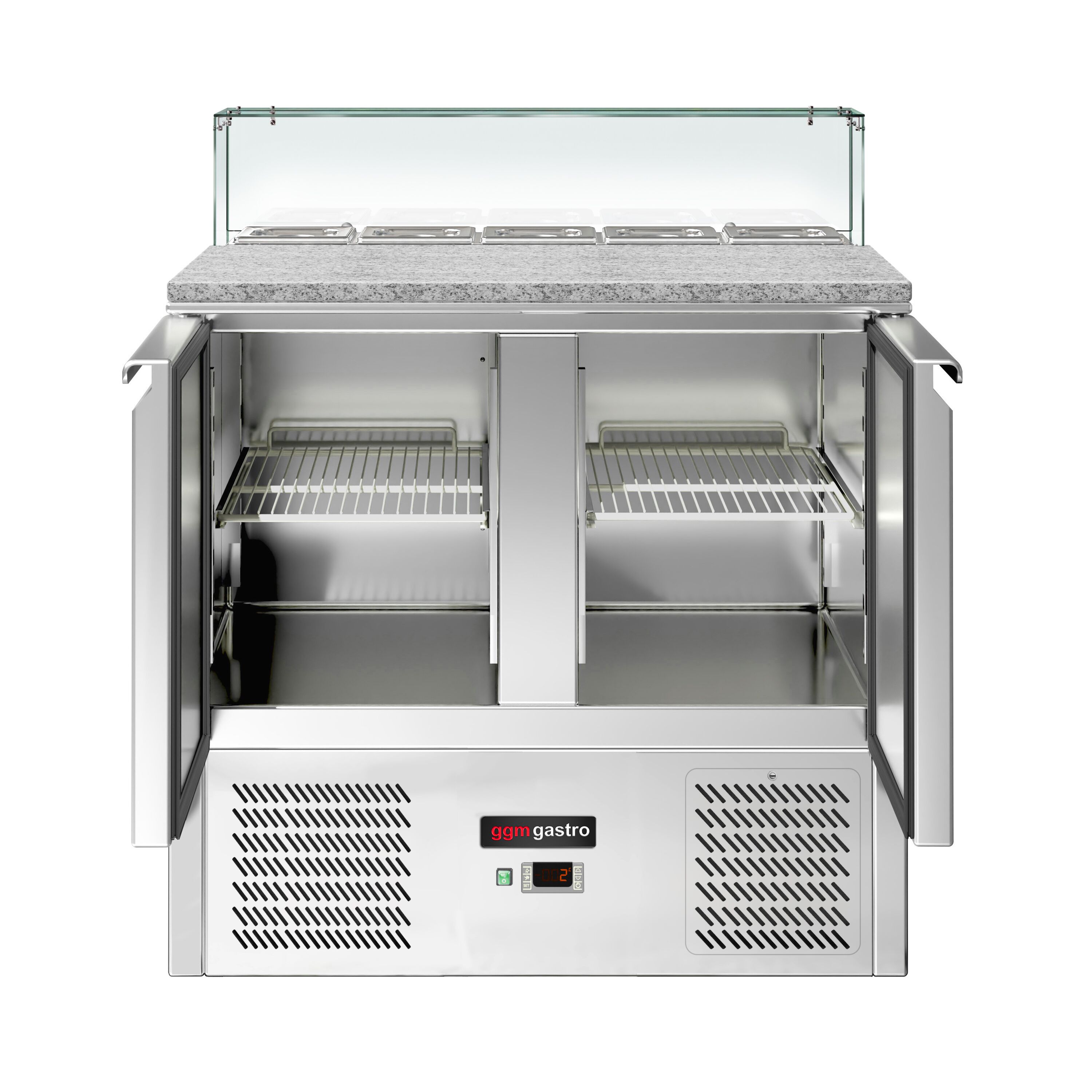 Saladette réfrigérée ECO - 900mm - 240L - 2 portes - avec vitrine de comptoir pour 5x GN 1/6
