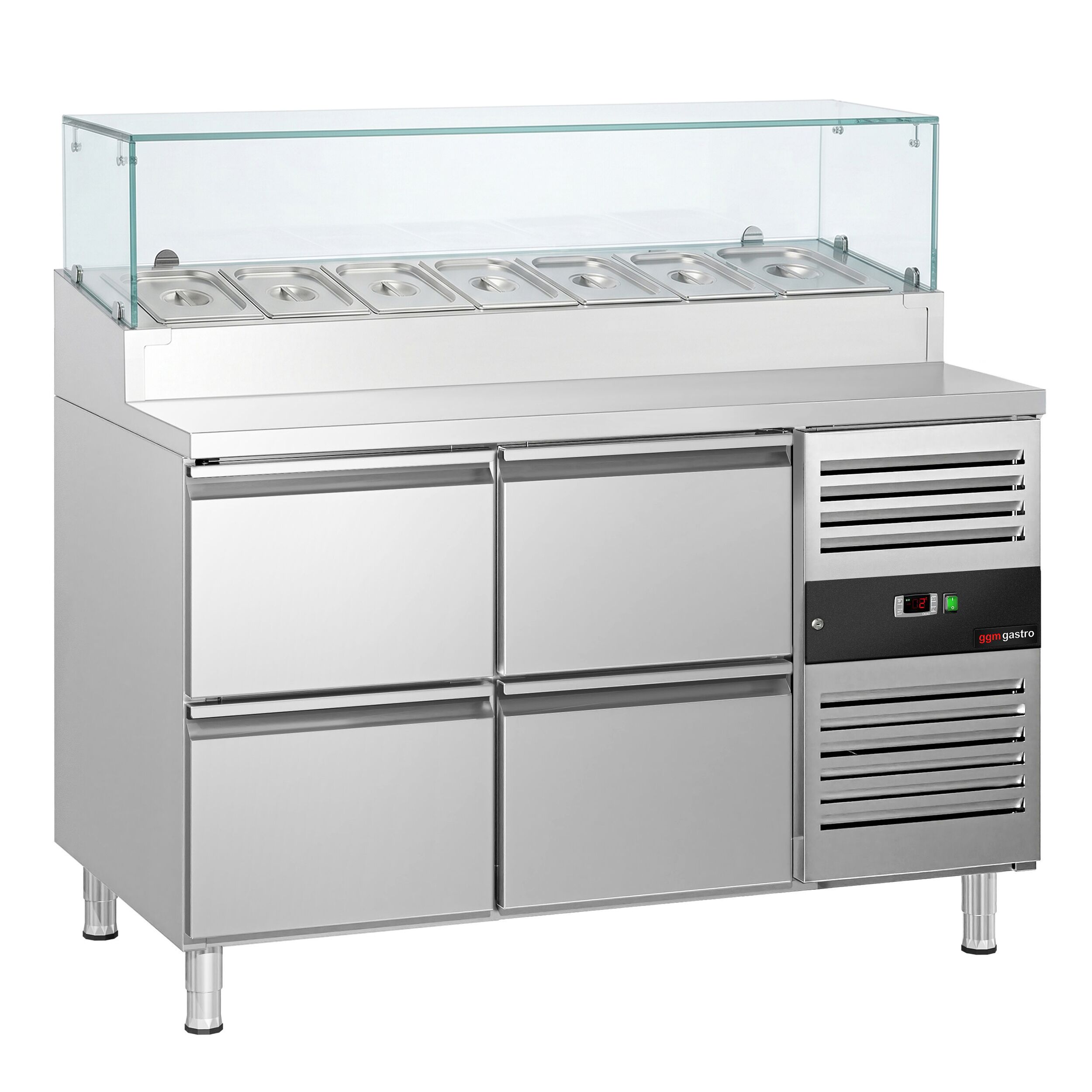 Zubereitungstisch PREMIUM - 1360mm - 4 Schubladen - mit Glasaufsatz - für 7x GN 1/3