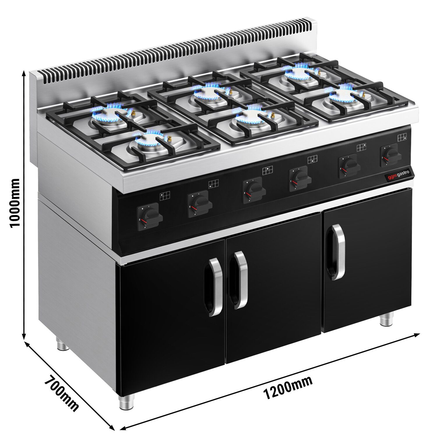 Fourneau à gaz – 36 kW – 6 brûleurs – avec soubassement avec 3 portes