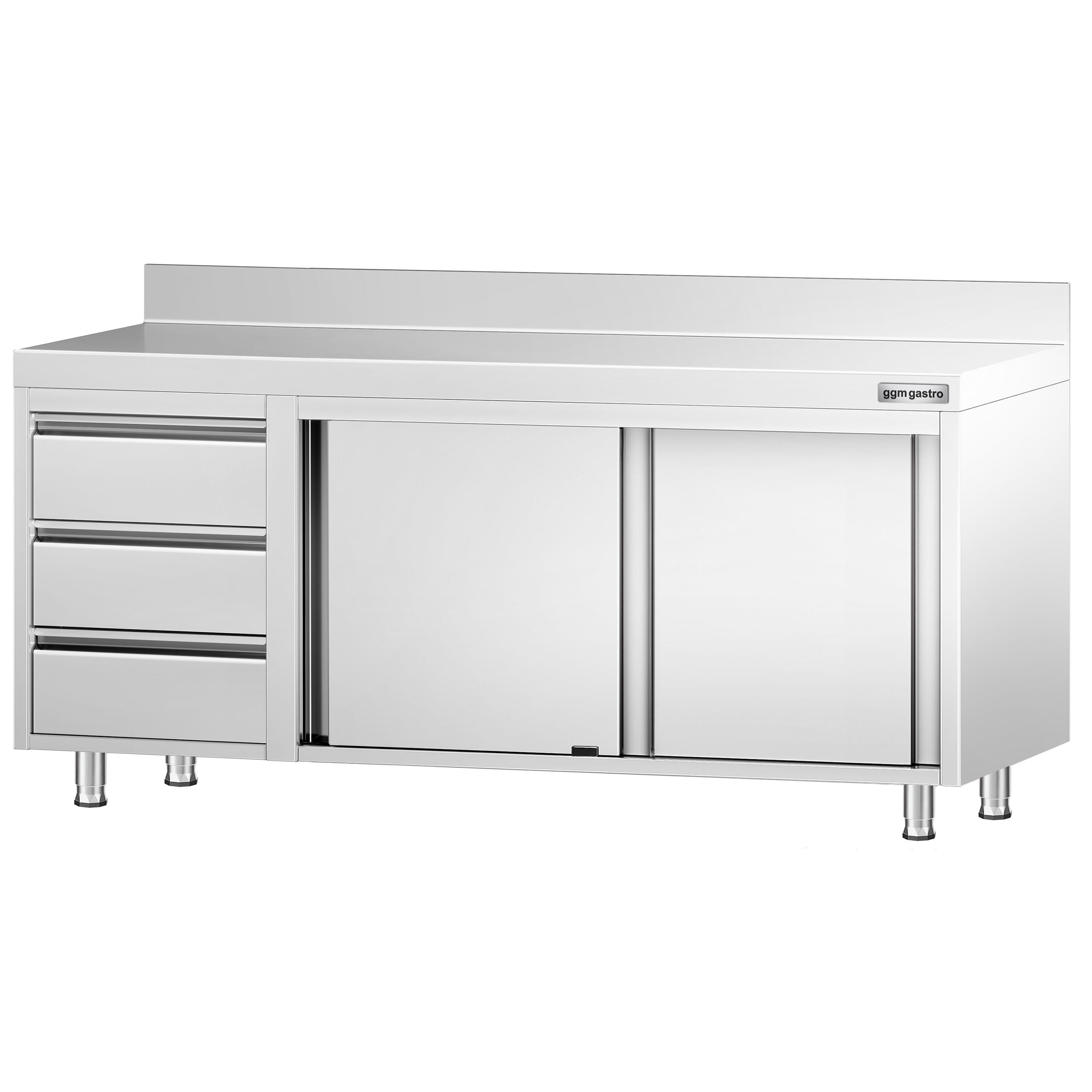 Table armoire en acier inoxydable PREMIUM - 2000x700mm - avec 3 tiroirs à gauche et portes coulissantes et étagère basse - avec dosseret