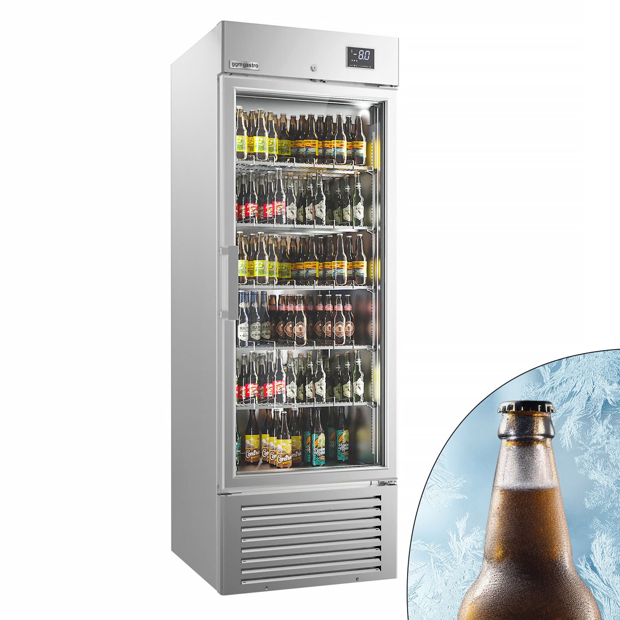 Vitrine réfrigérée à boissons - 687mm - 500 L - intérieur inox - 1 porte vitrée - éclairage LED - thermostat numérique - -8 à 0 °C