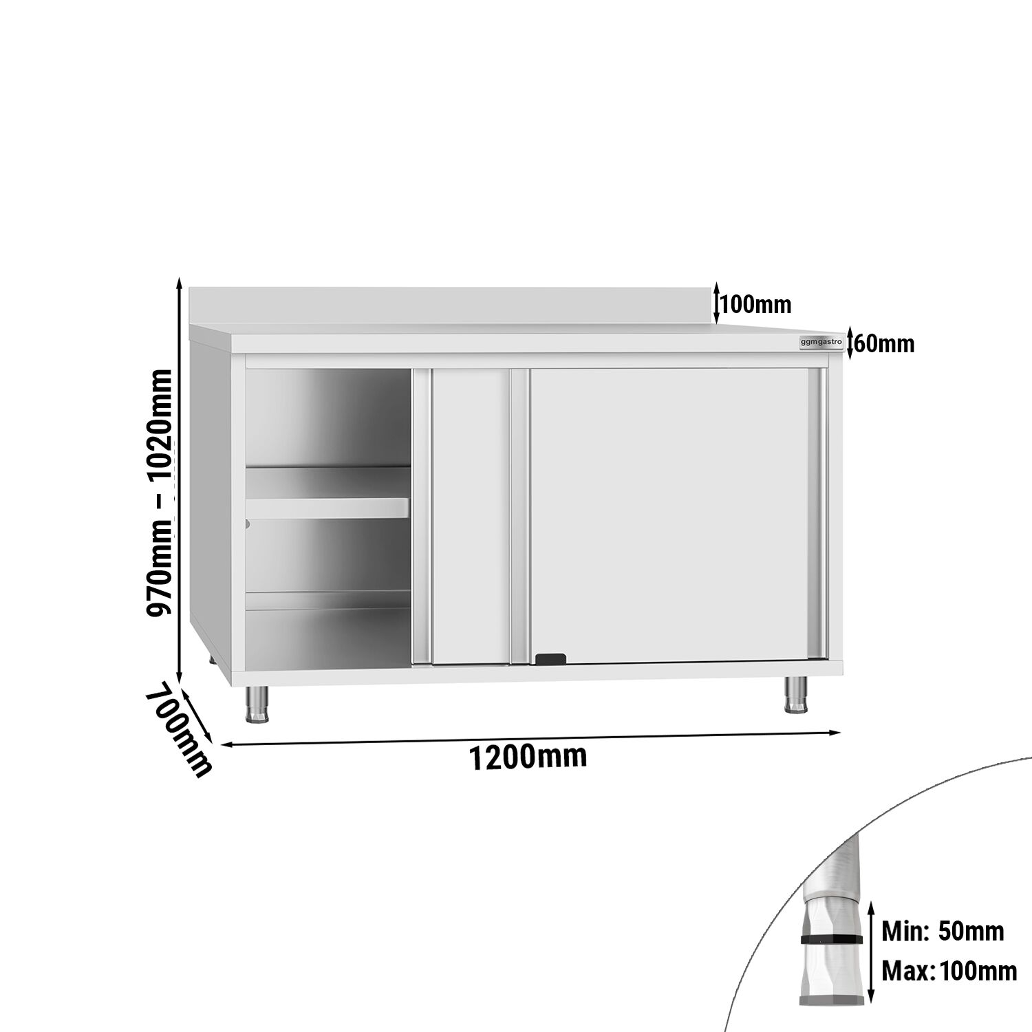 Table armoire en acier inoxydable ECO - 1200x700mm - avec portes coulissantes et étagère basse - avec dosseret